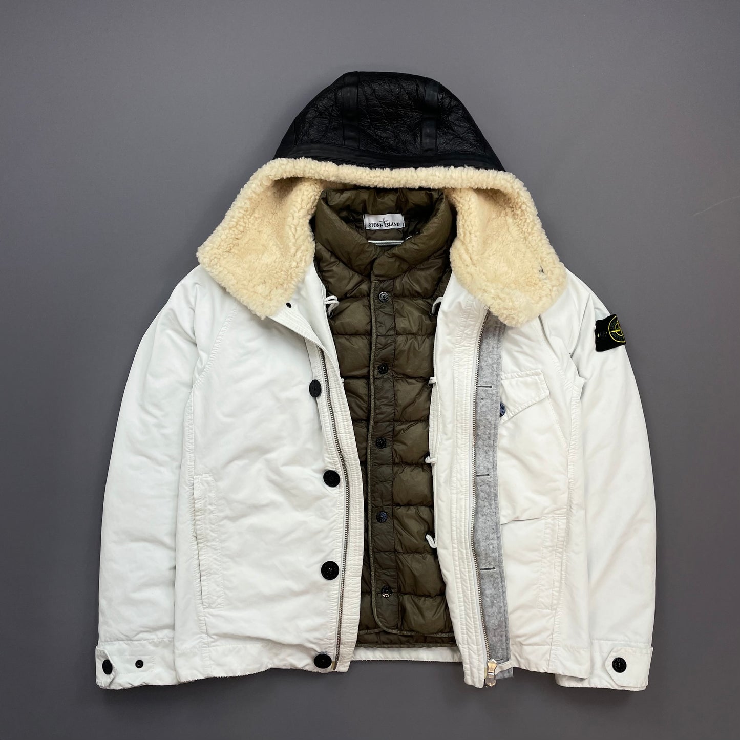 Stone Island White AW17 David-TC Sheep Leather Sheerling Hood Down Puffer Lined Jacket
