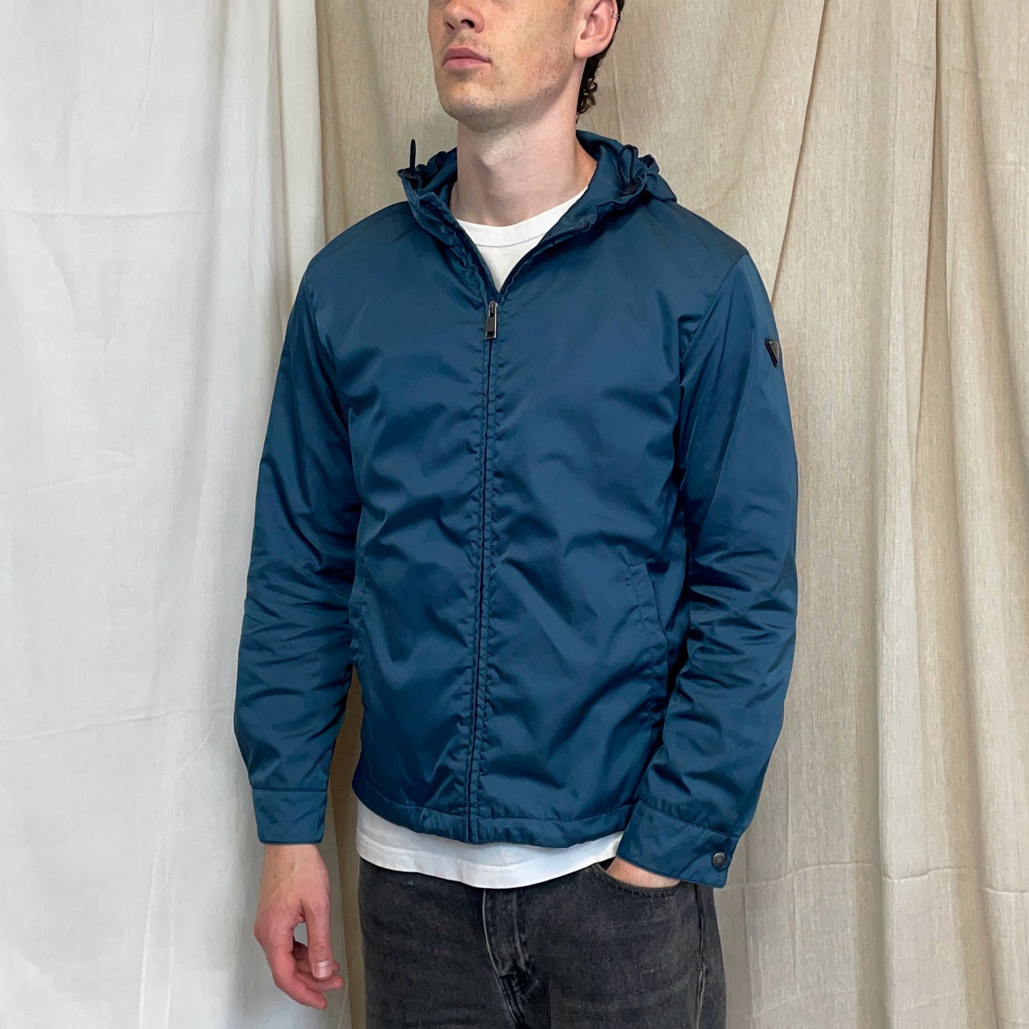 Prada Mainline Teal Blue 2014 Nylon Hooded Plaque Jacket