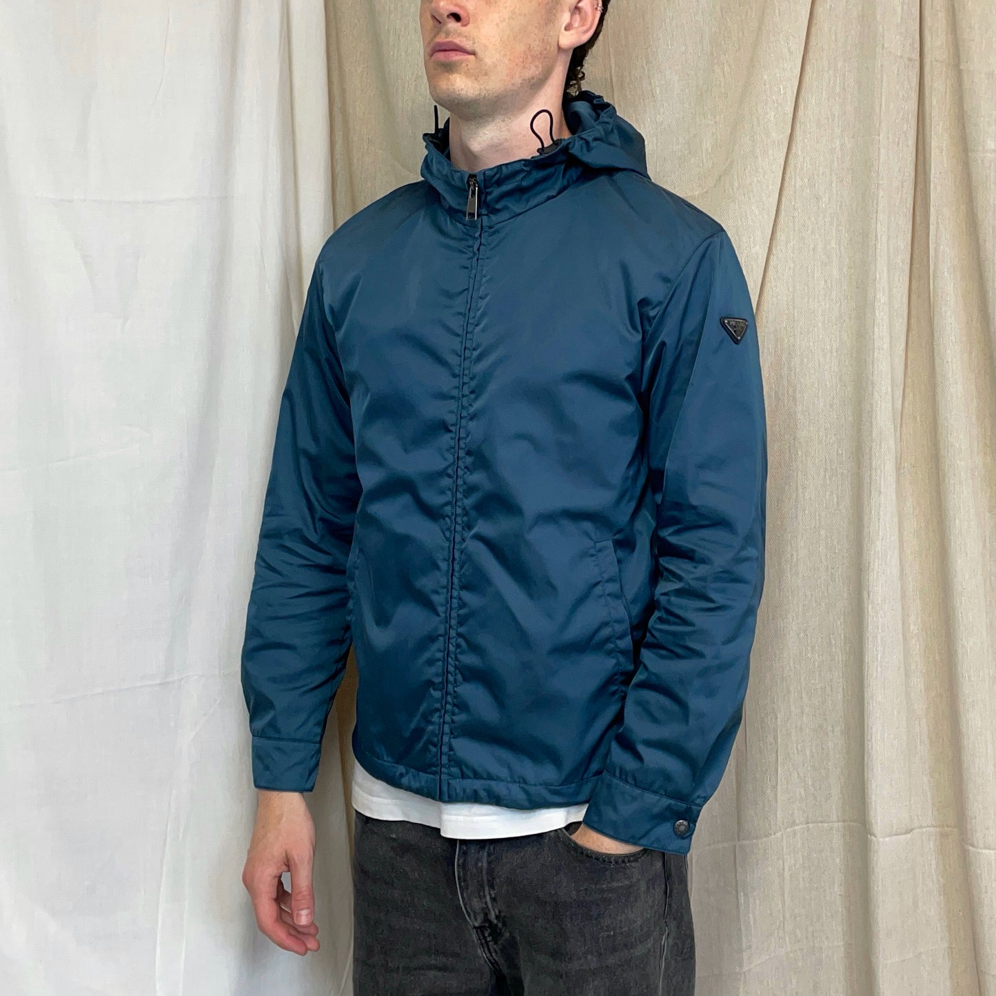 Prada Mainline Teal Blue 2014 Nylon Hooded Plaque Jacket