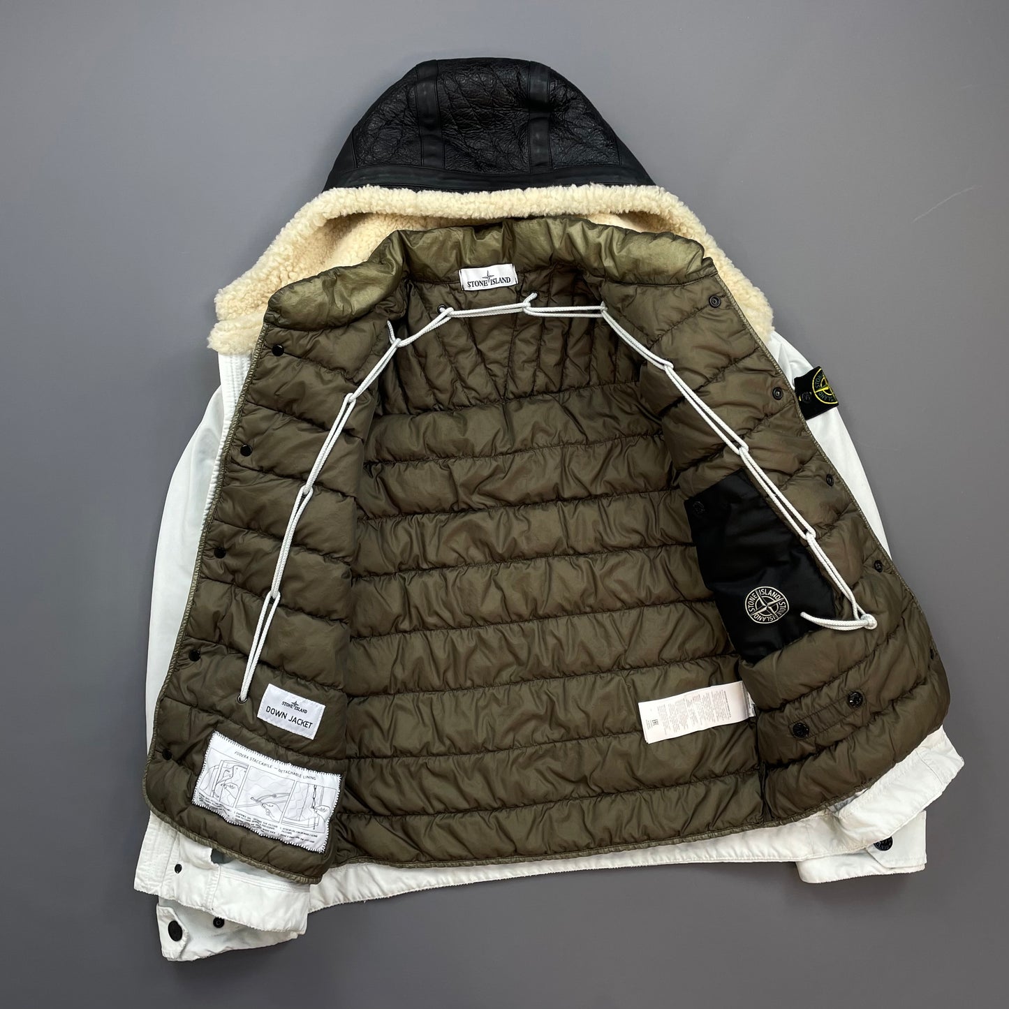 Stone Island White AW17 David-TC Sheep Leather Sheerling Hood Down Puffer Lined Jacket