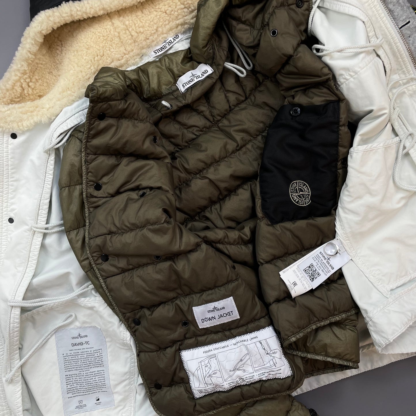 Stone Island White AW17 David-TC Sheep Leather Sheerling Hood Down Puffer Lined Jacket