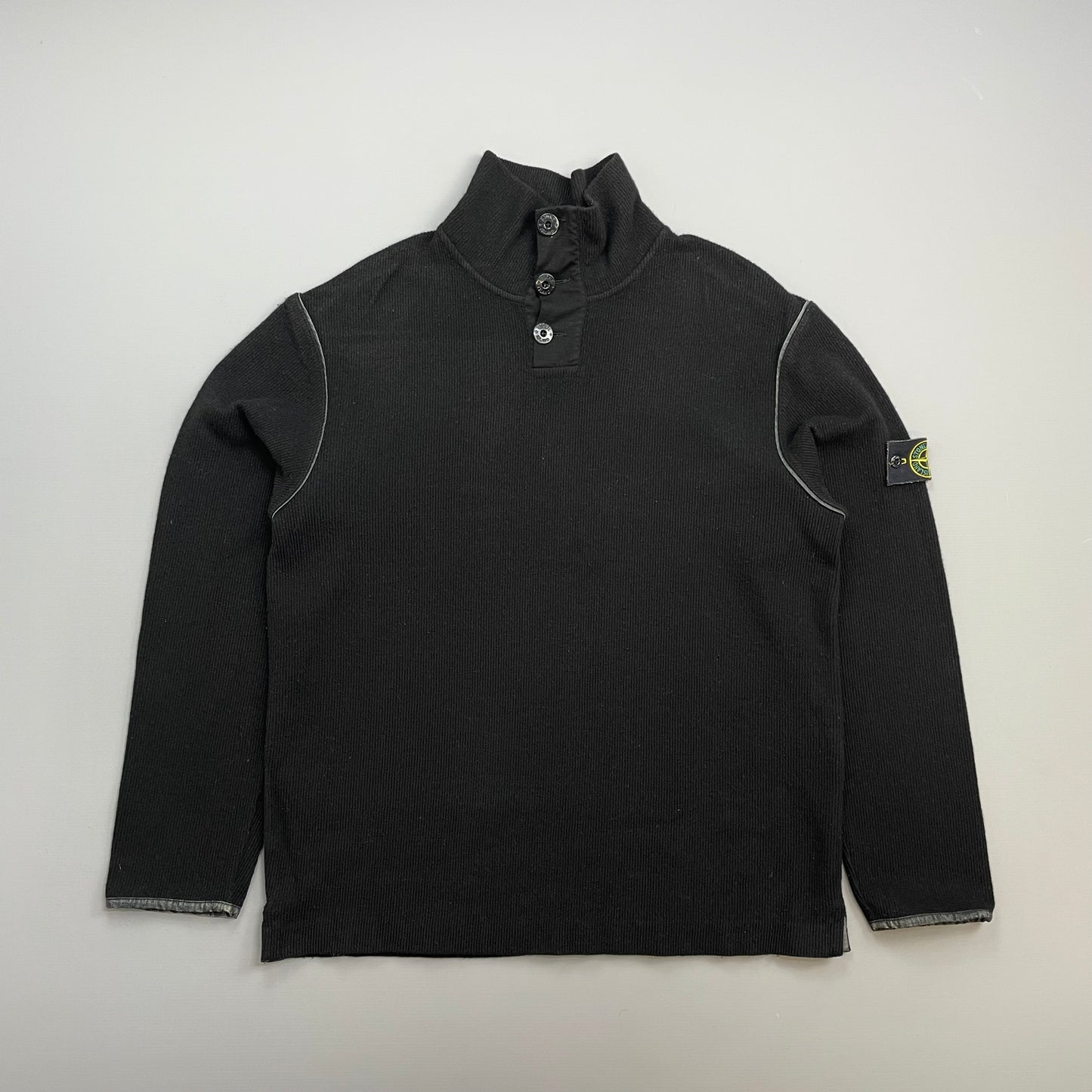 Stone Island Black AW02 Fine-Rib Grey Accent Button Collar Wool Knit Jumper