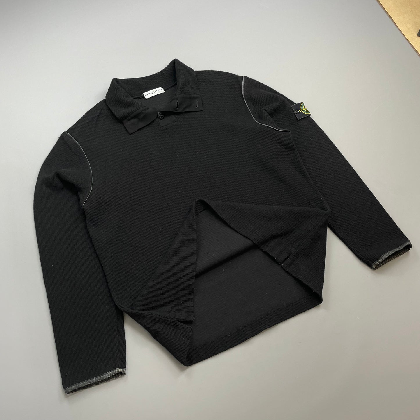 Stone Island Black AW02 Fine-Rib Grey Accent Button Collar Wool Knit Jumper