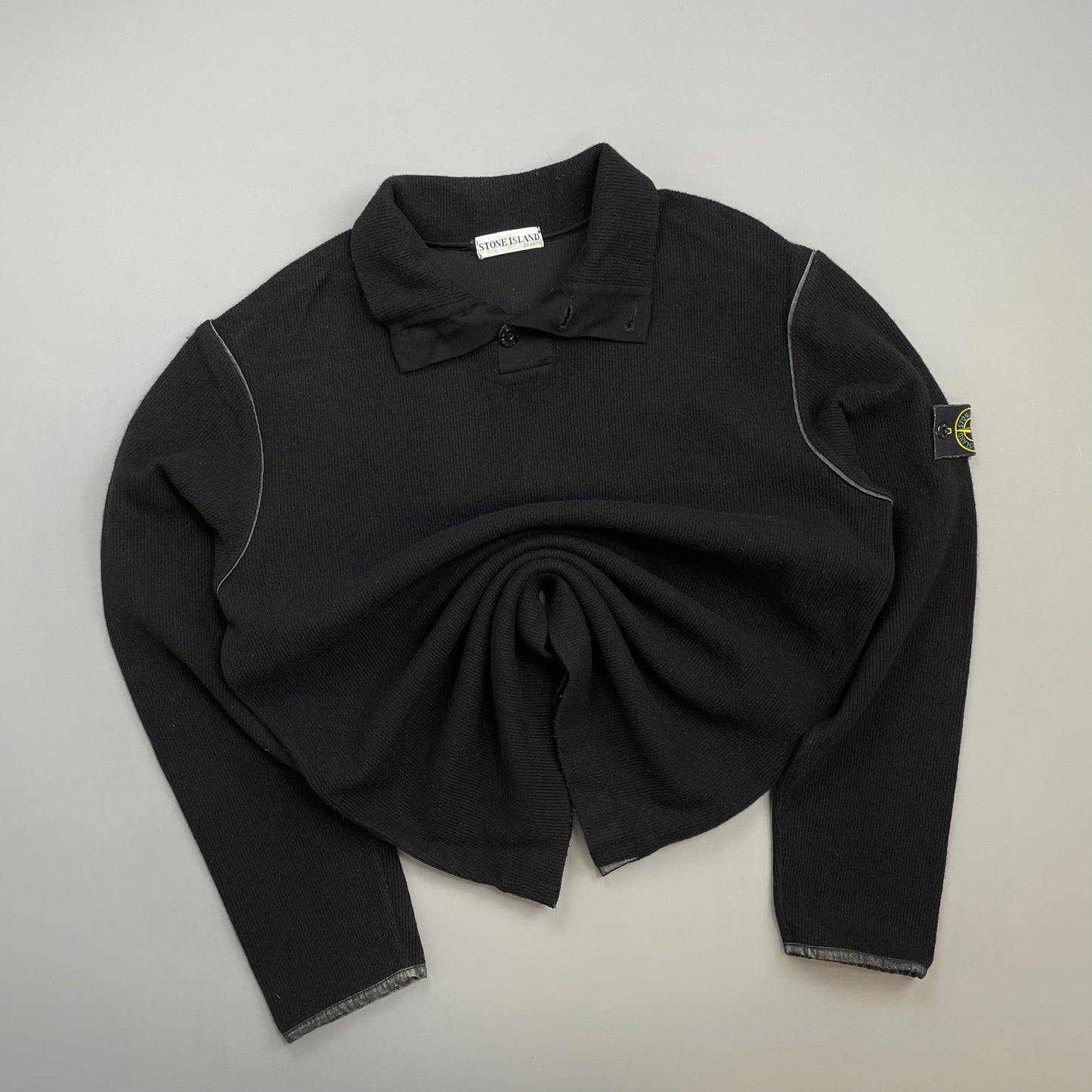Stone Island Black AW02 Fine-Rib Grey Accent Button Collar Wool Knit Jumper