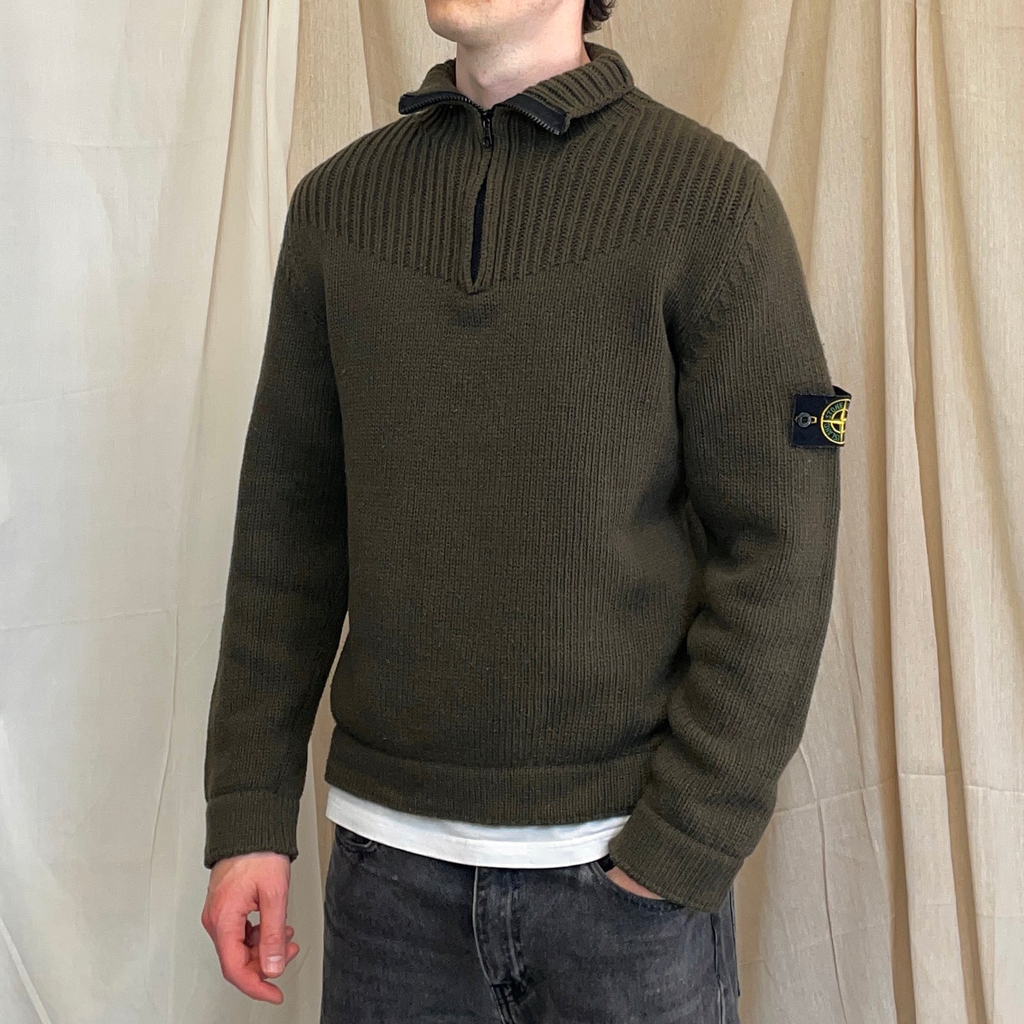 Stone Island Khaki 00s Wool Knit Half-Zip Jumper