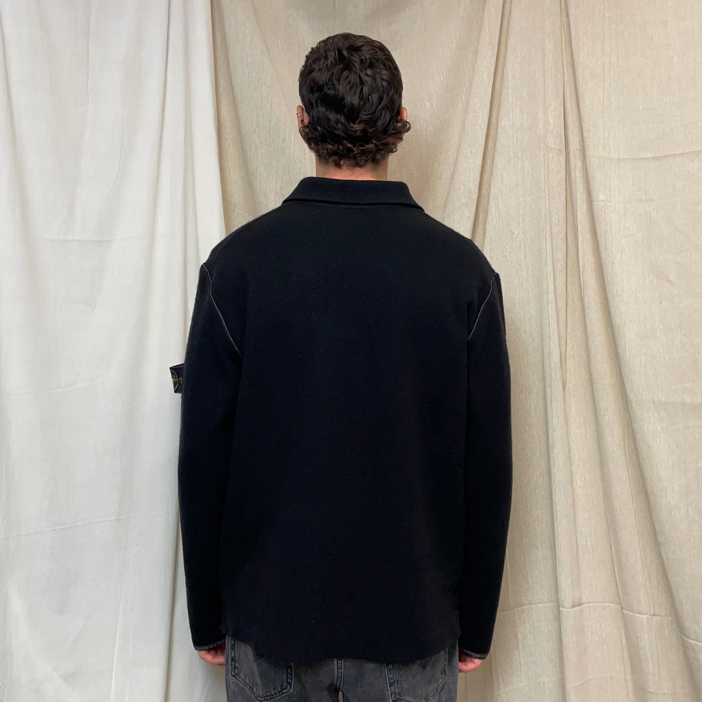 Stone Island Black AW02 Fine-Rib Grey Accent Button Collar Wool Knit Jumper