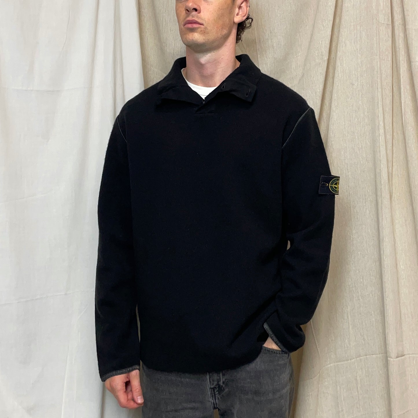 Stone Island Black AW02 Fine-Rib Grey Accent Button Collar Wool Knit Jumper