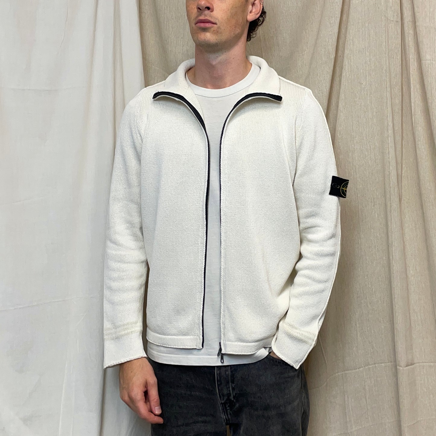 Stone Island White SS01 Two-Way Zip Knit Jumper
