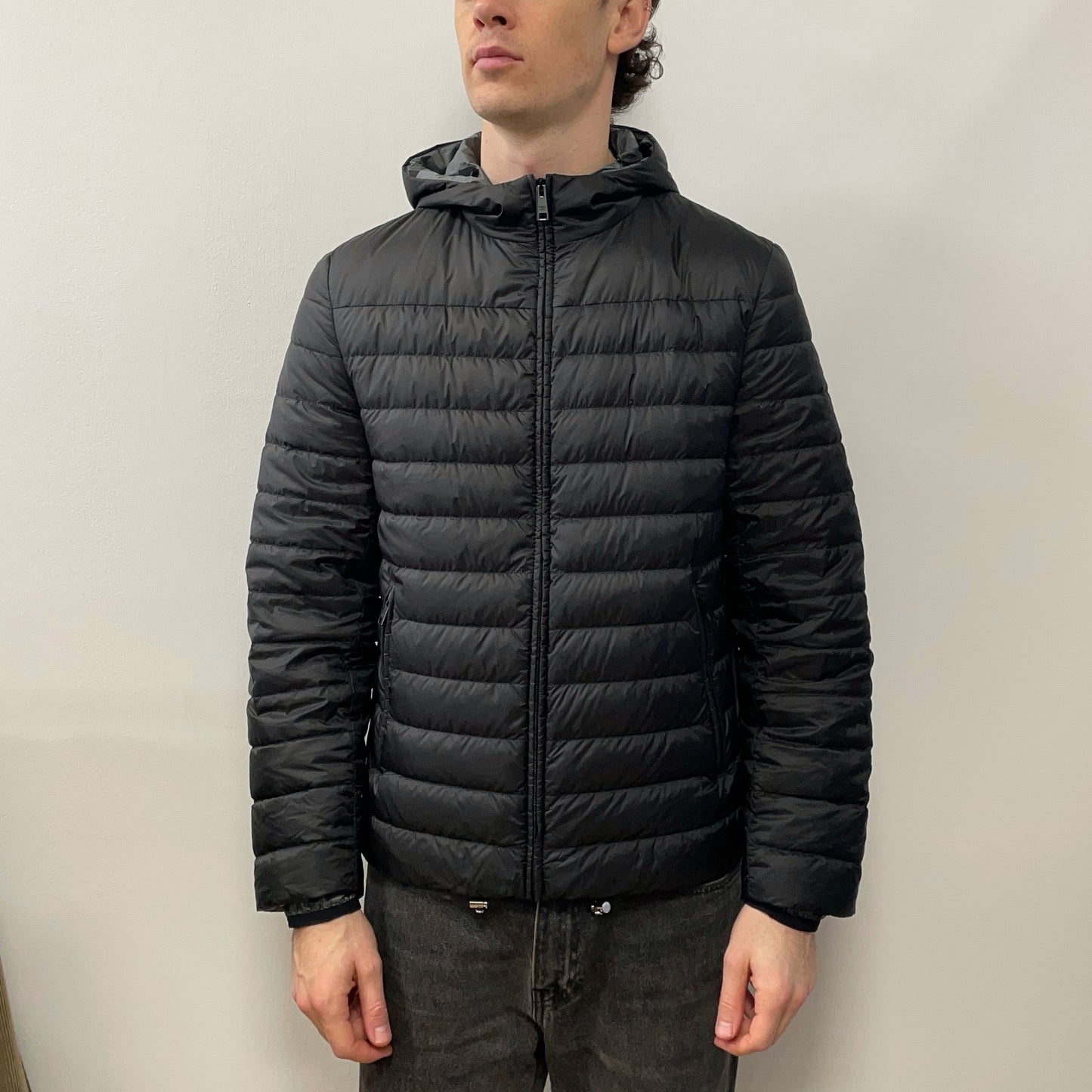 Prada Grey & Black 2019 Lightweight Goose Down Hooded Puffer Jacket
