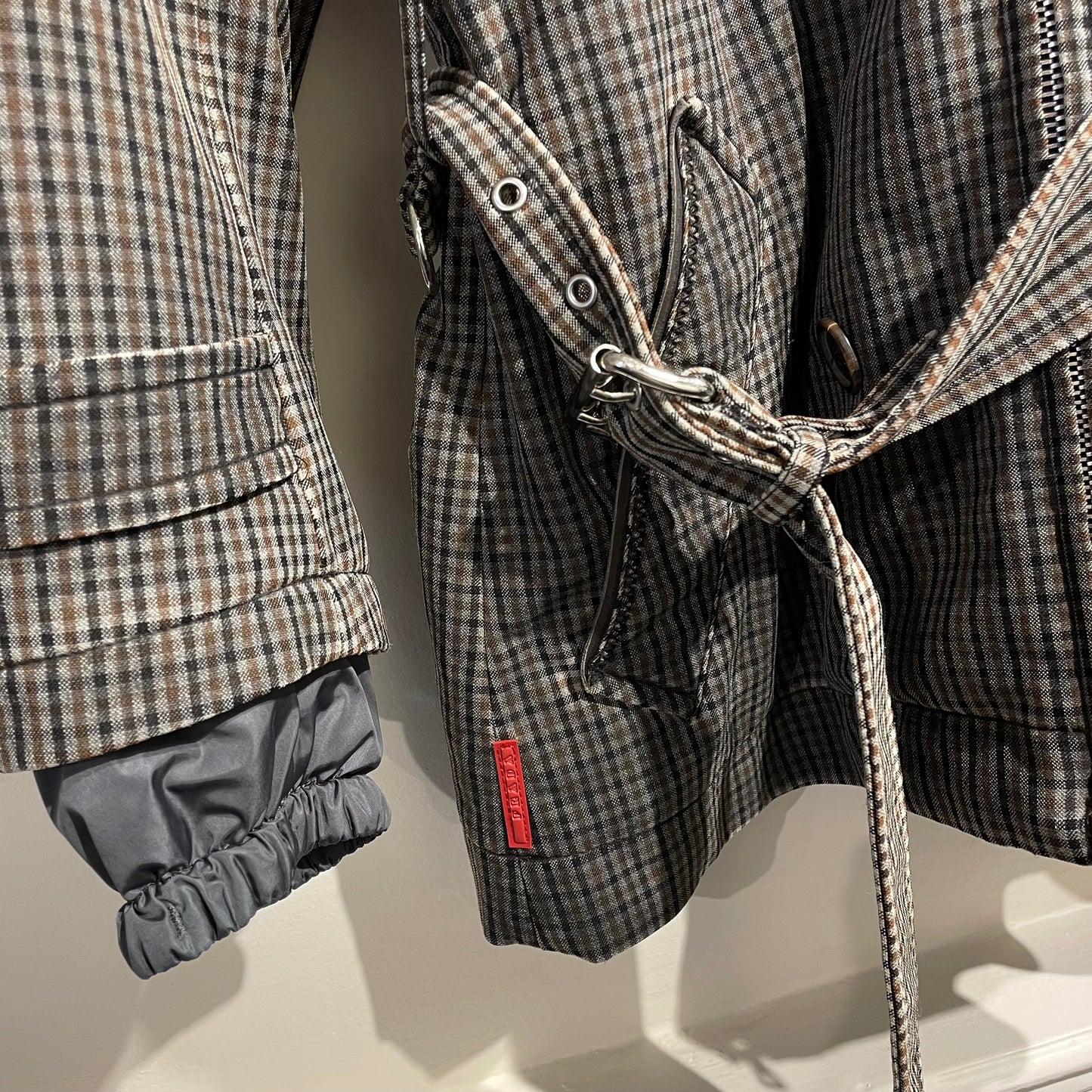 Prada Sport Grey & Brown 00s Belted Plaid Jacket