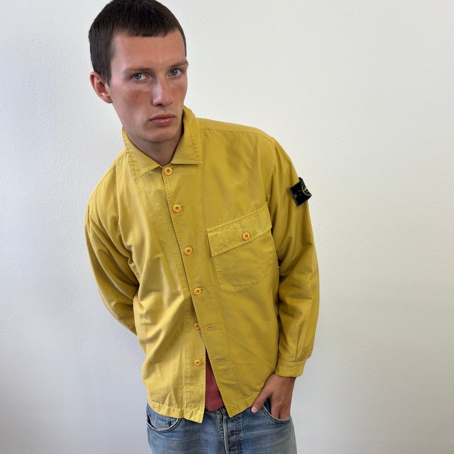 Stone Island Yellow 90s Button Up Green Edge Badge Overshirt