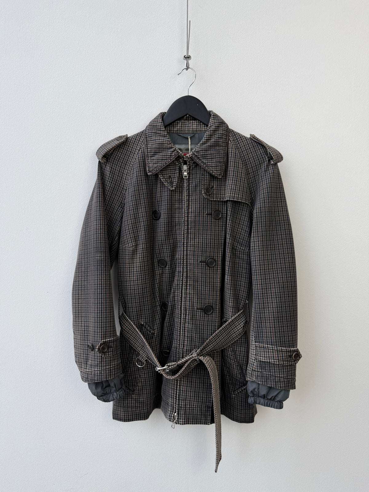 Prada Sport Grey & Brown 00s Belted Plaid Jacket