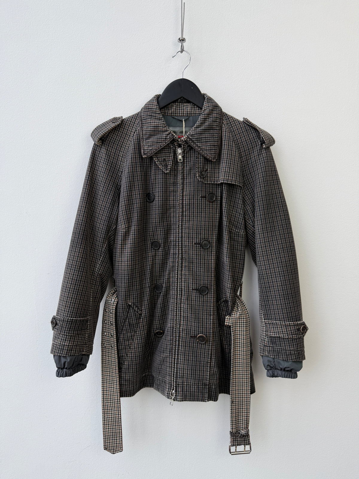 Prada Sport Grey & Brown 00s Belted Plaid Jacket