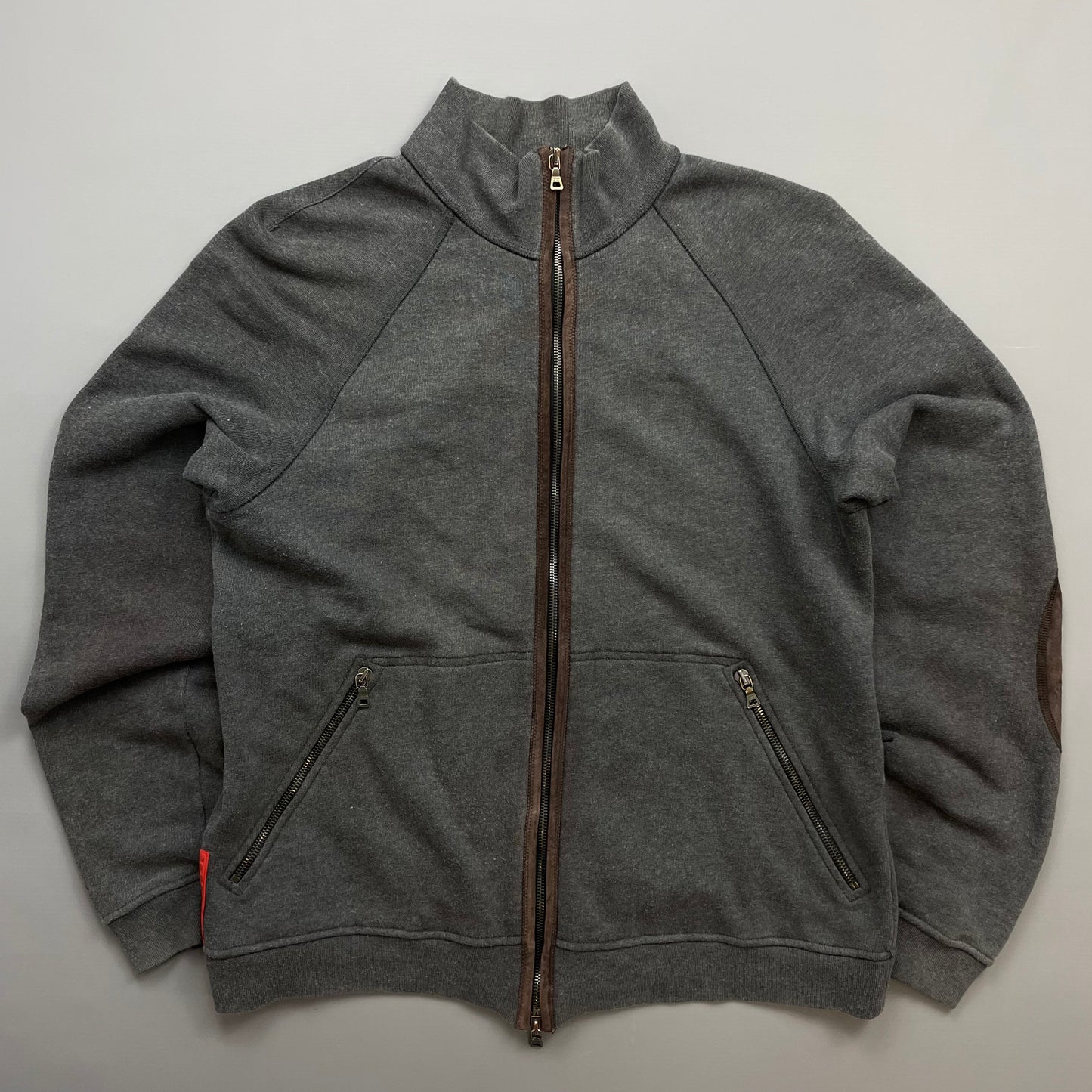 Prada Sport Grey Zip-Through Jumper w/ Suede Patch Detailing