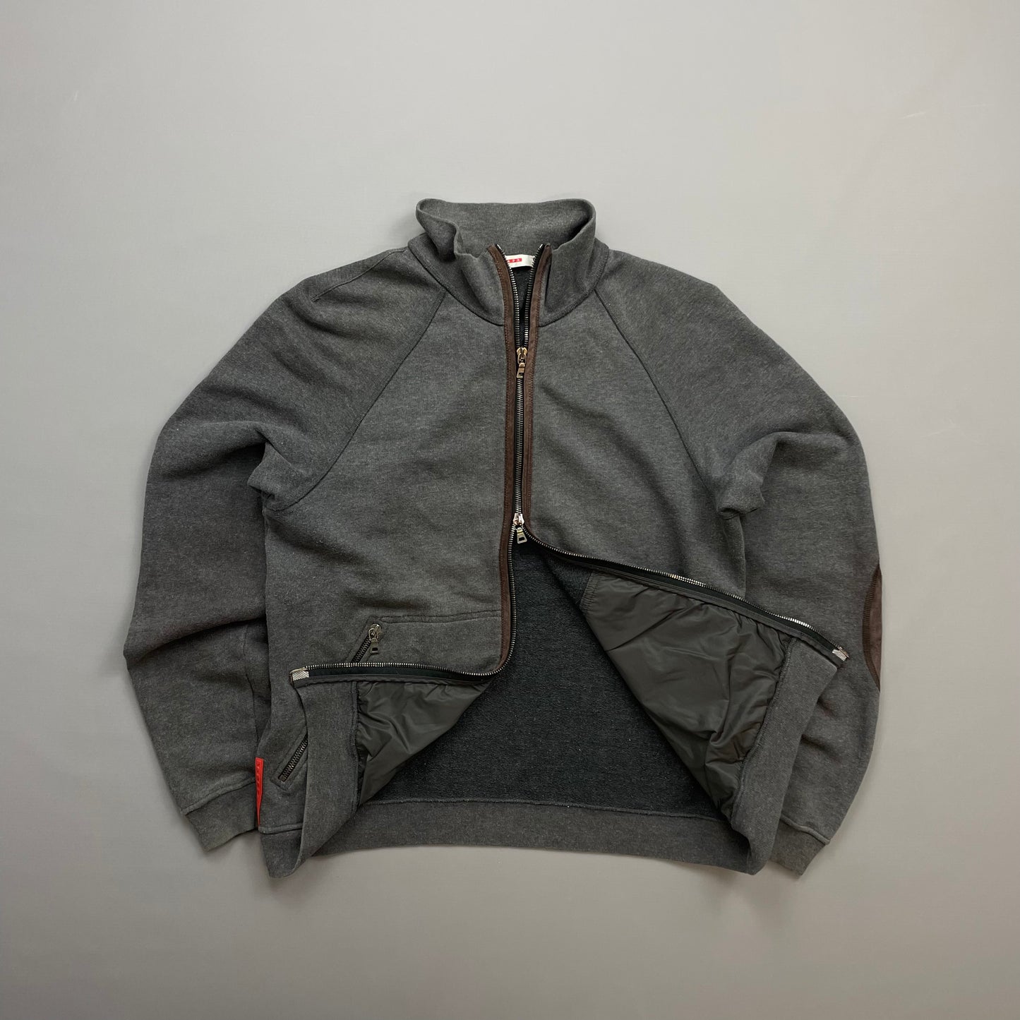 Prada Sport Grey Zip-Through Jumper w/ Suede Patch Detailing