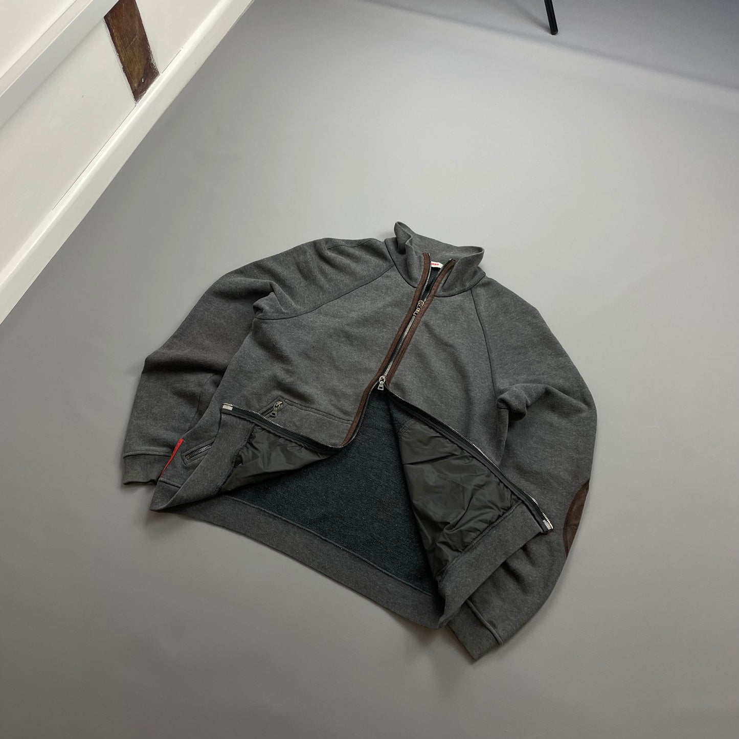 Prada Sport Grey Zip-Through Jumper w/ Suede Patch Detailing
