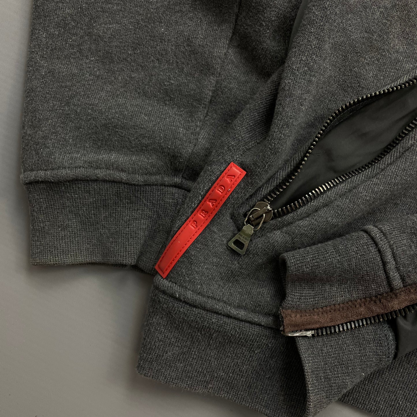 Prada Sport Grey Zip-Through Jumper w/ Suede Patch Detailing