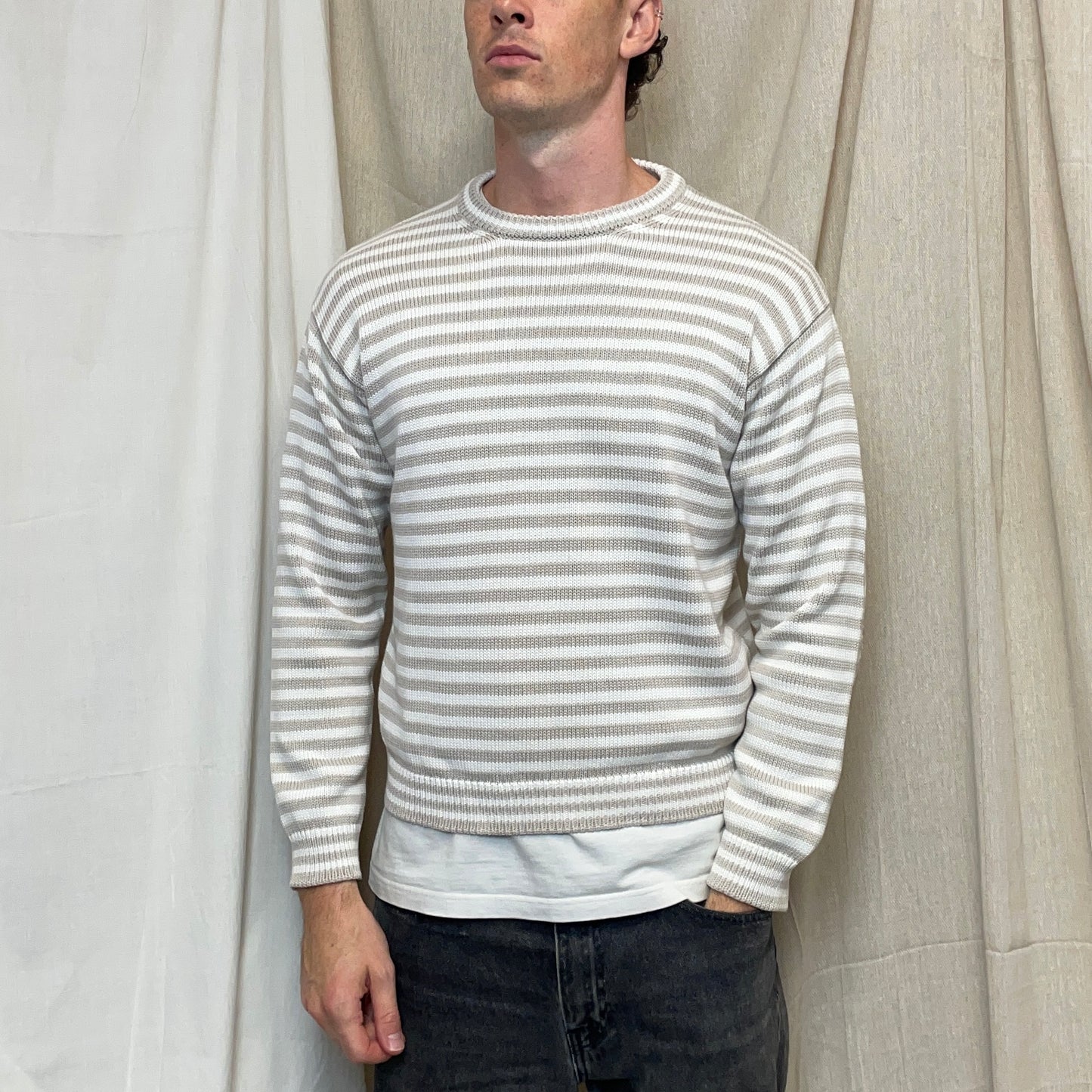 Prada White & Grey 2016 Striped Elbow Panel Knit Jumper
