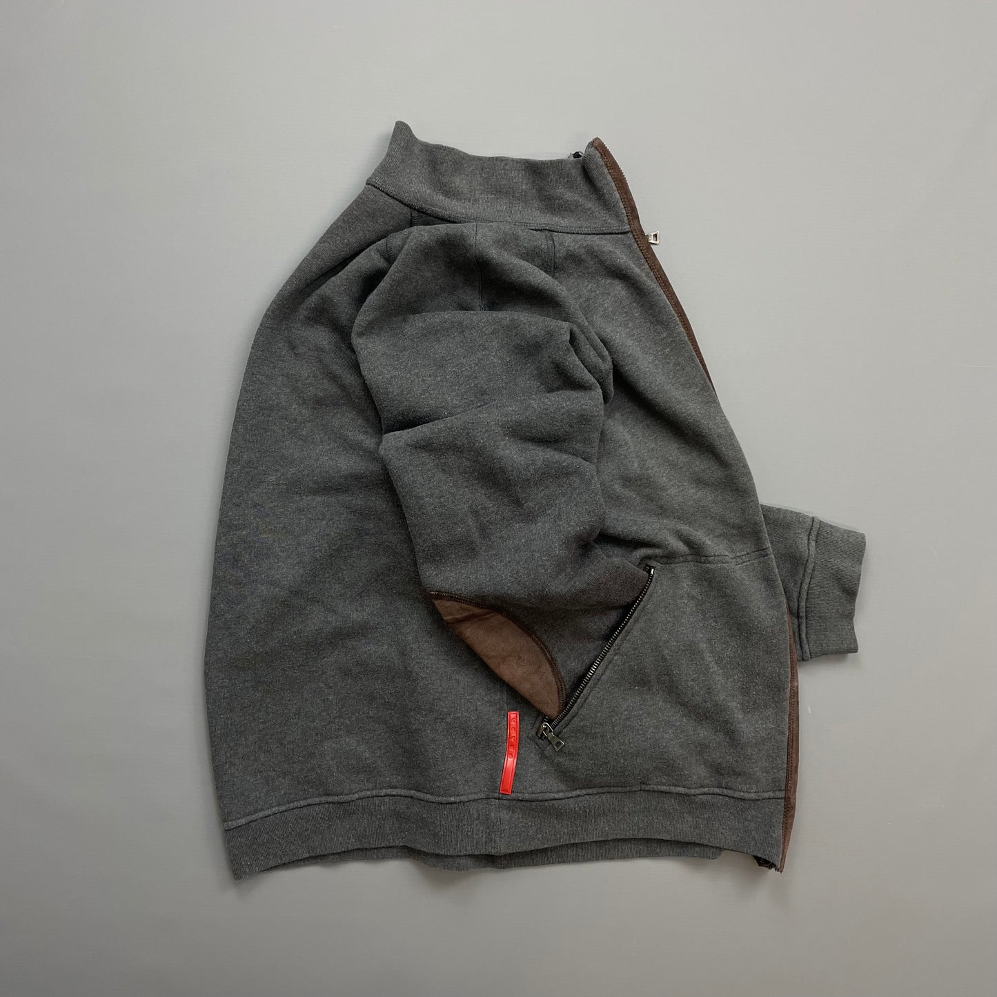 Prada Sport Grey Zip-Through Jumper w/ Suede Patch Detailing