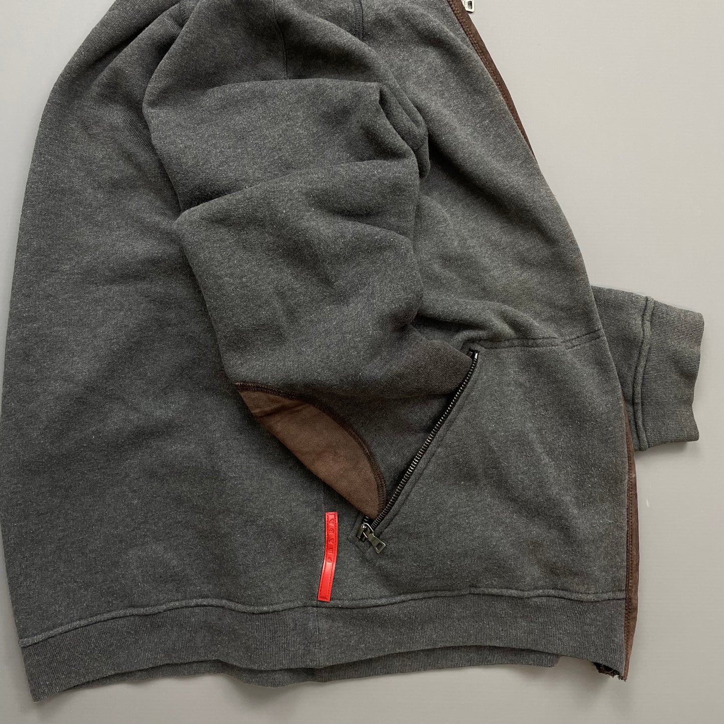 Prada Sport Grey Zip-Through Jumper w/ Suede Patch Detailing