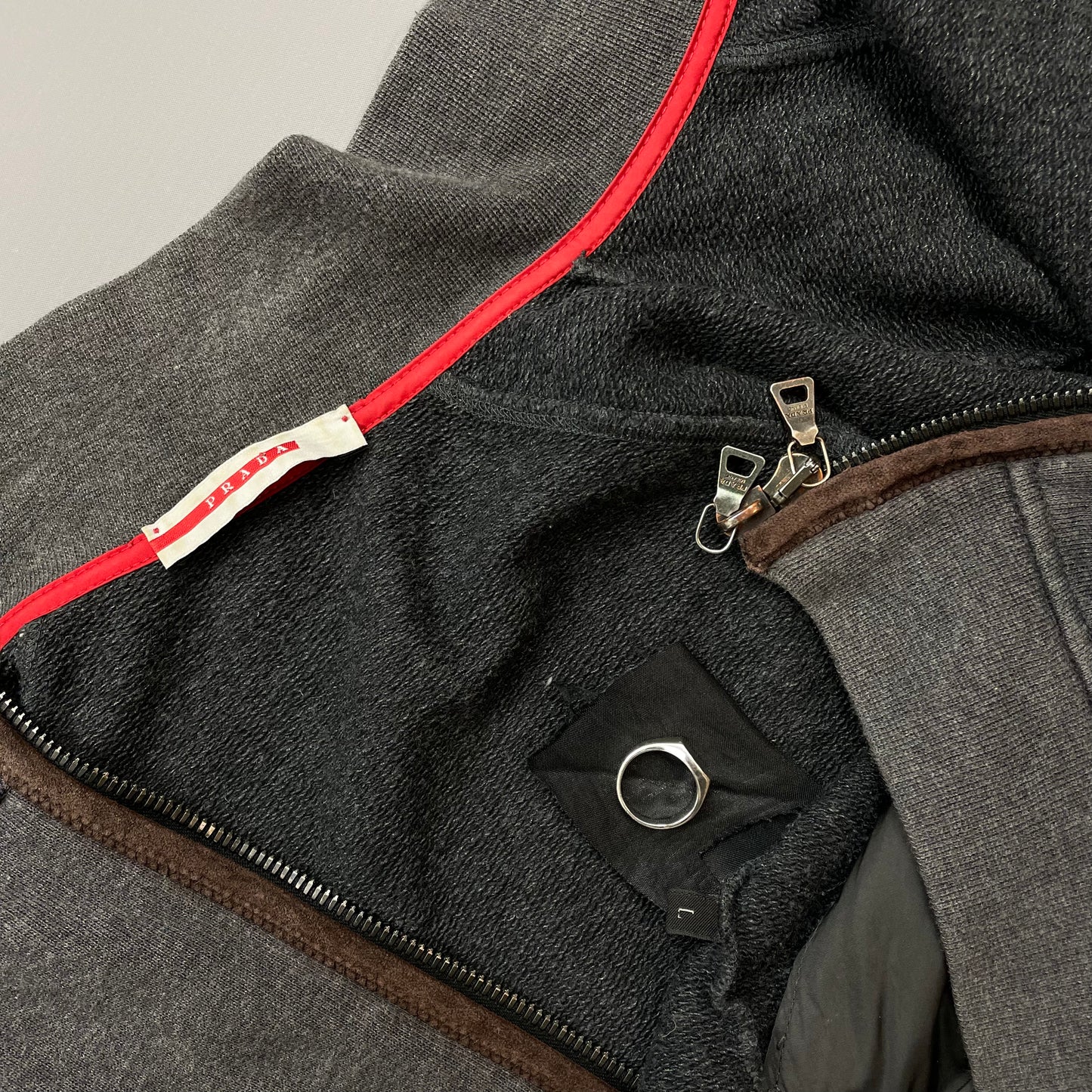 Prada Sport Grey Zip-Through Jumper w/ Suede Patch Detailing