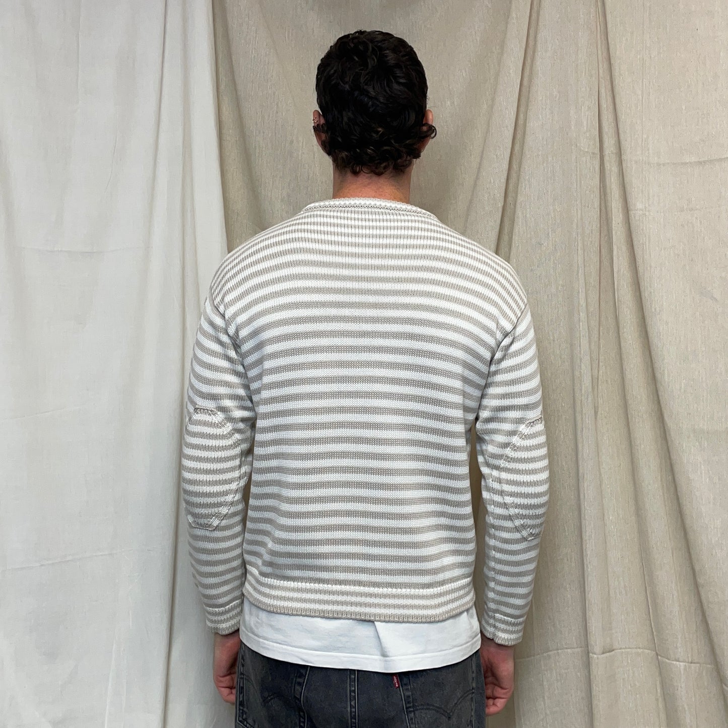 Prada White & Grey 2016 Striped Elbow Panel Knit Jumper