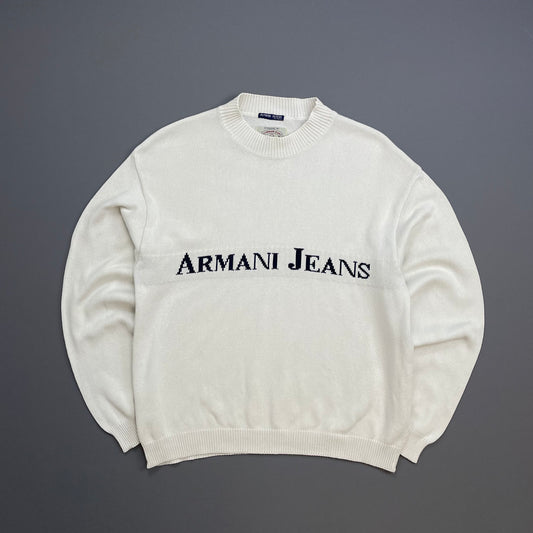 Armani Jeans White 90s Spellout Knit Jumper