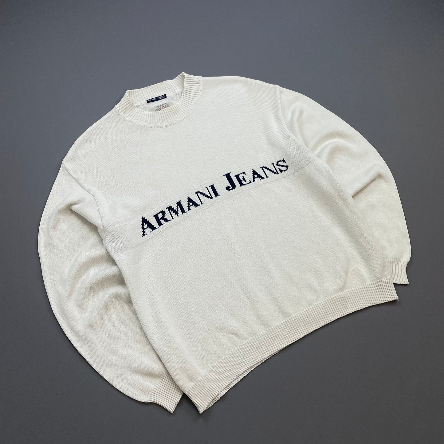Armani Jeans White 90s Spellout Knit Jumper