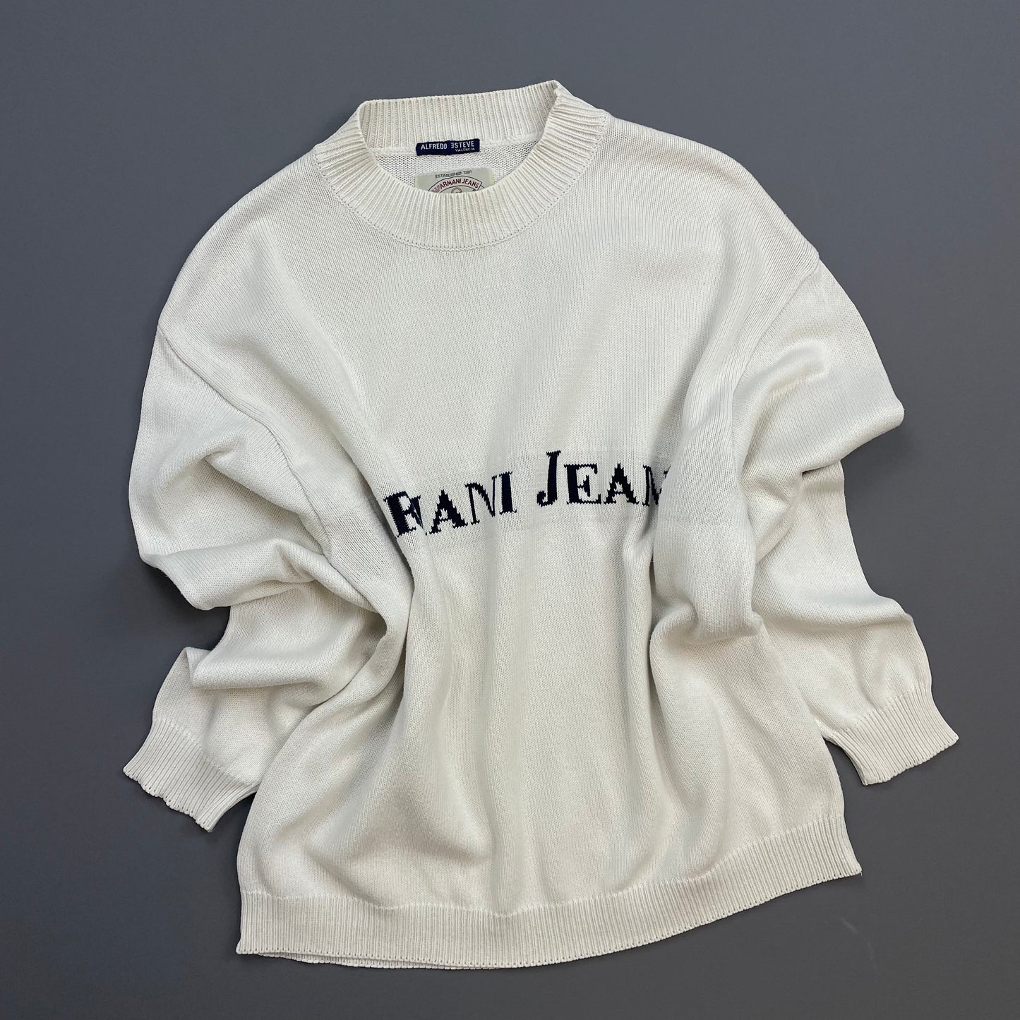 Armani Jeans White 90s Spellout Knit Jumper