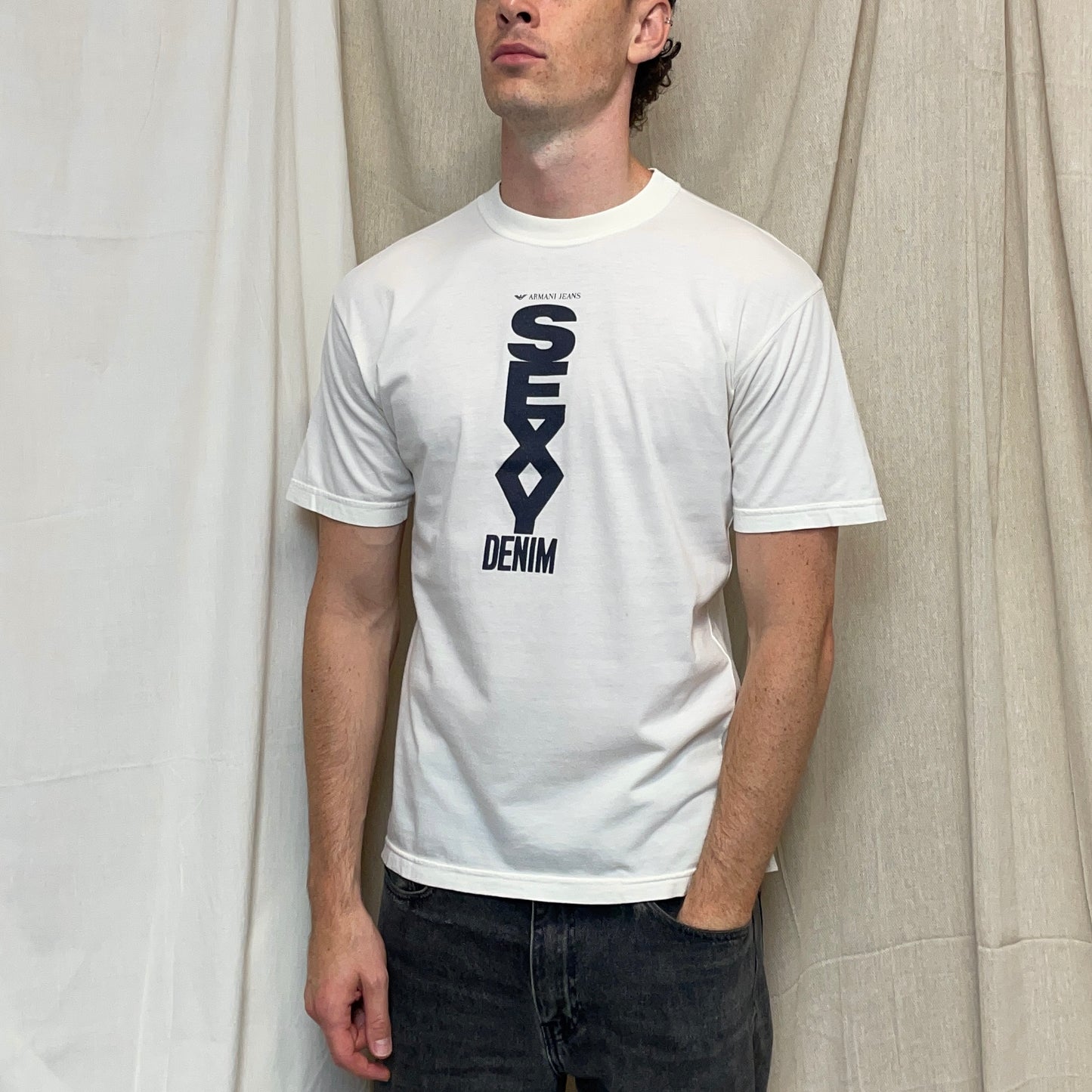 Armani Jeans Cream White 90s 'Sexy Denim' Tee