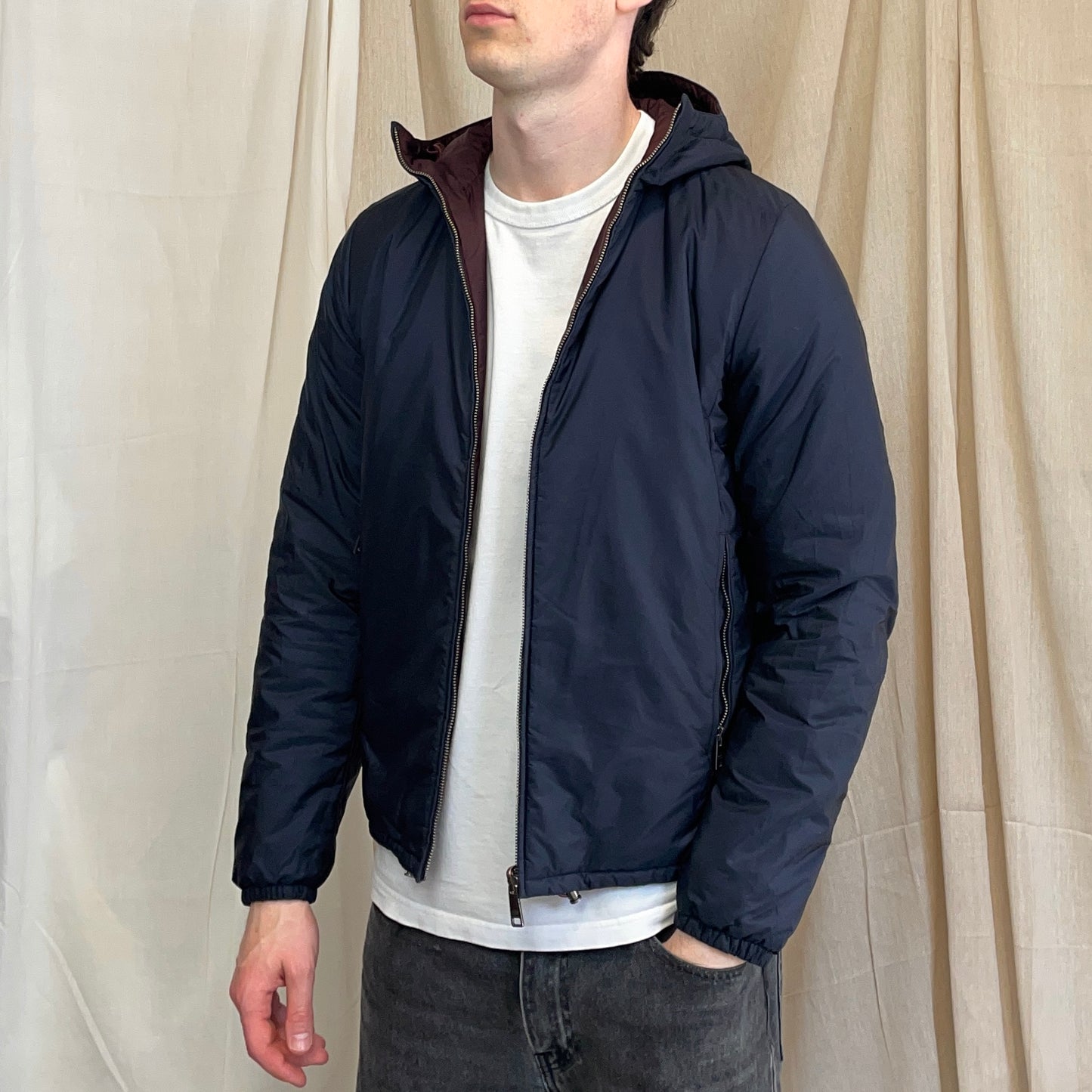 Prada Sport Navy & Burgundy 2018 Nylon Reversible Padded Hooded Jacket