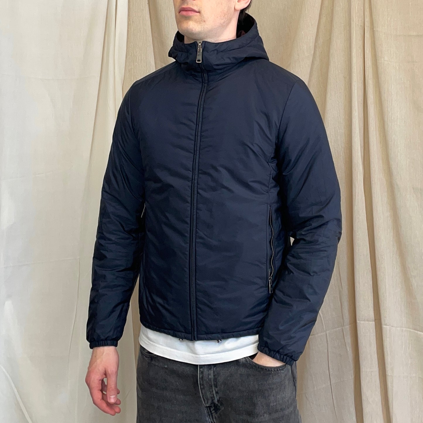 Prada Sport Navy & Burgundy 2018 Nylon Reversible Padded Hooded Jacket