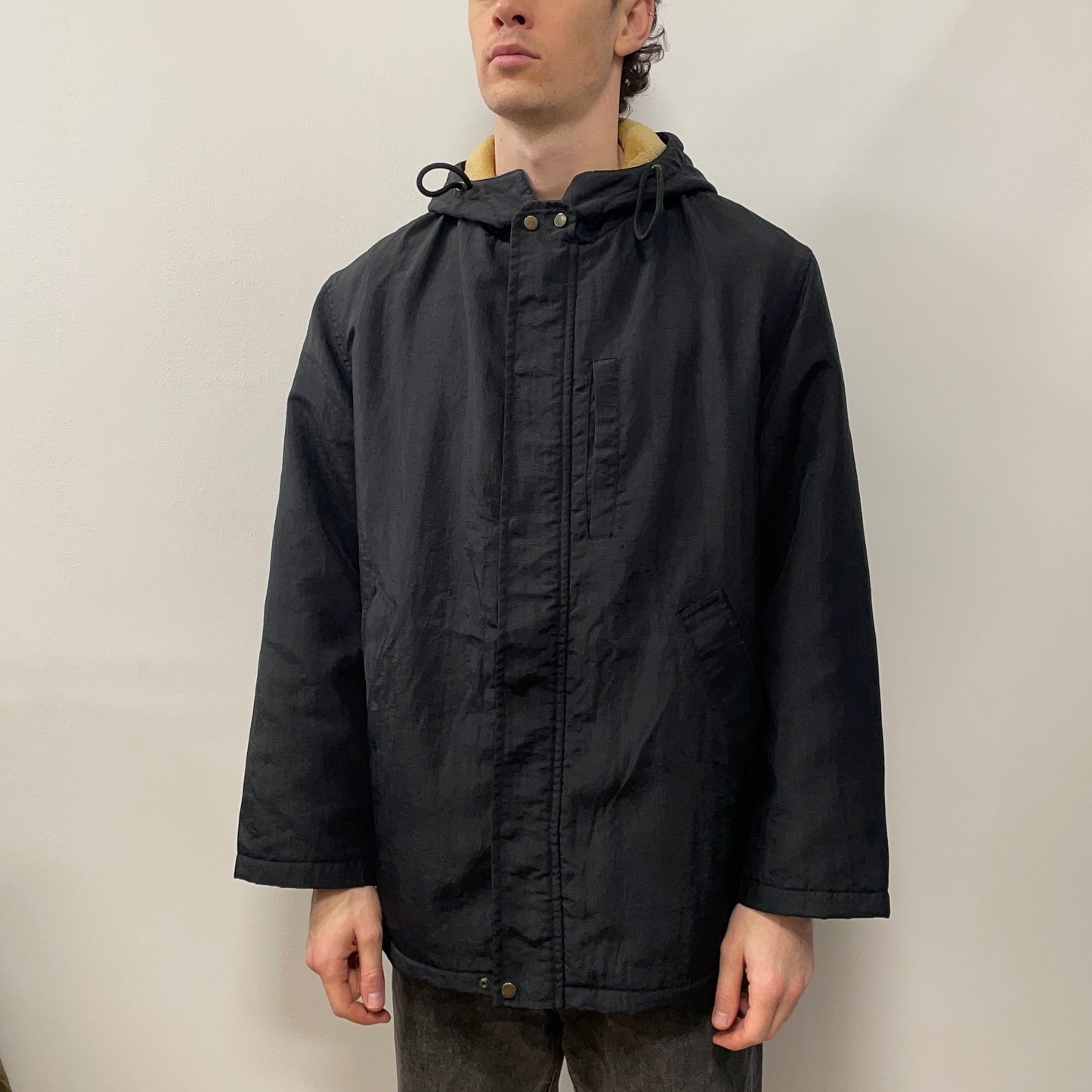 C.P. Company Black AW95 Nylon Fleece Lined Hooded Overcoat