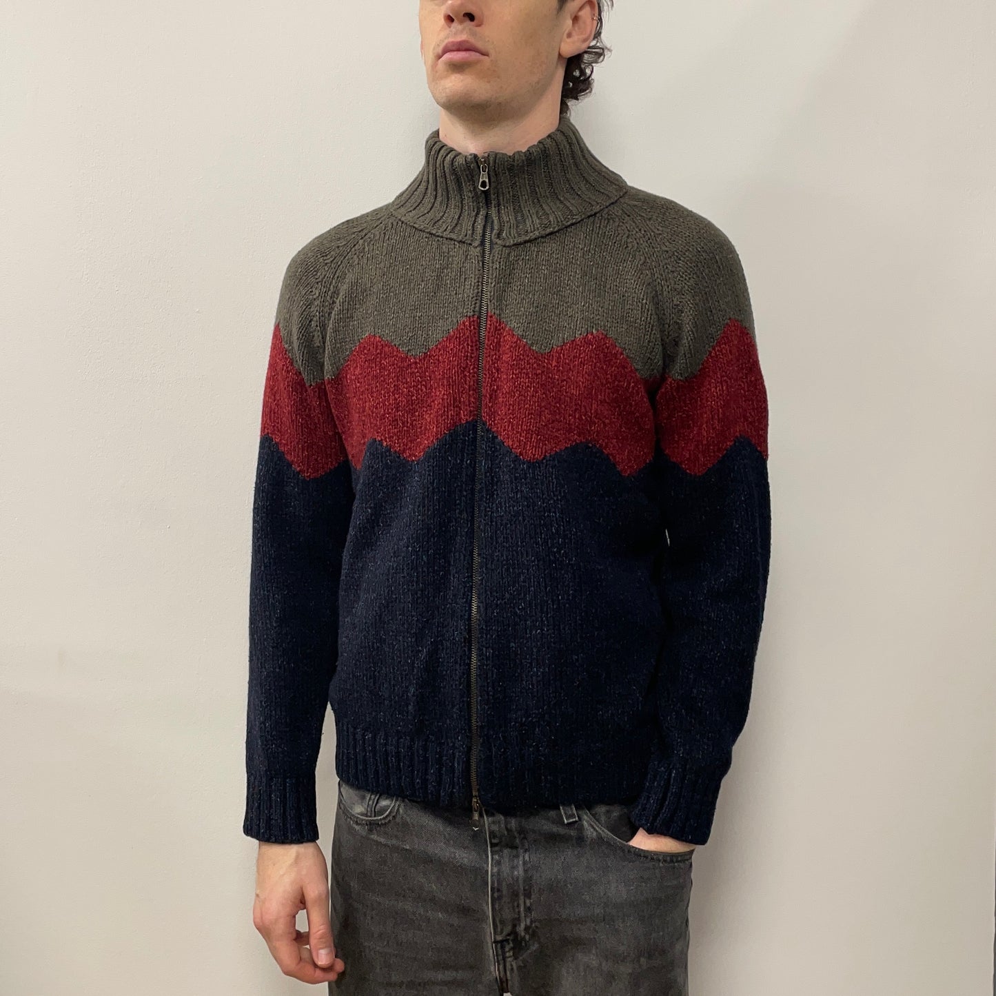 C.P. Company Navy, Red & Grey AW00 Chunky Silk & Wool Cardigan