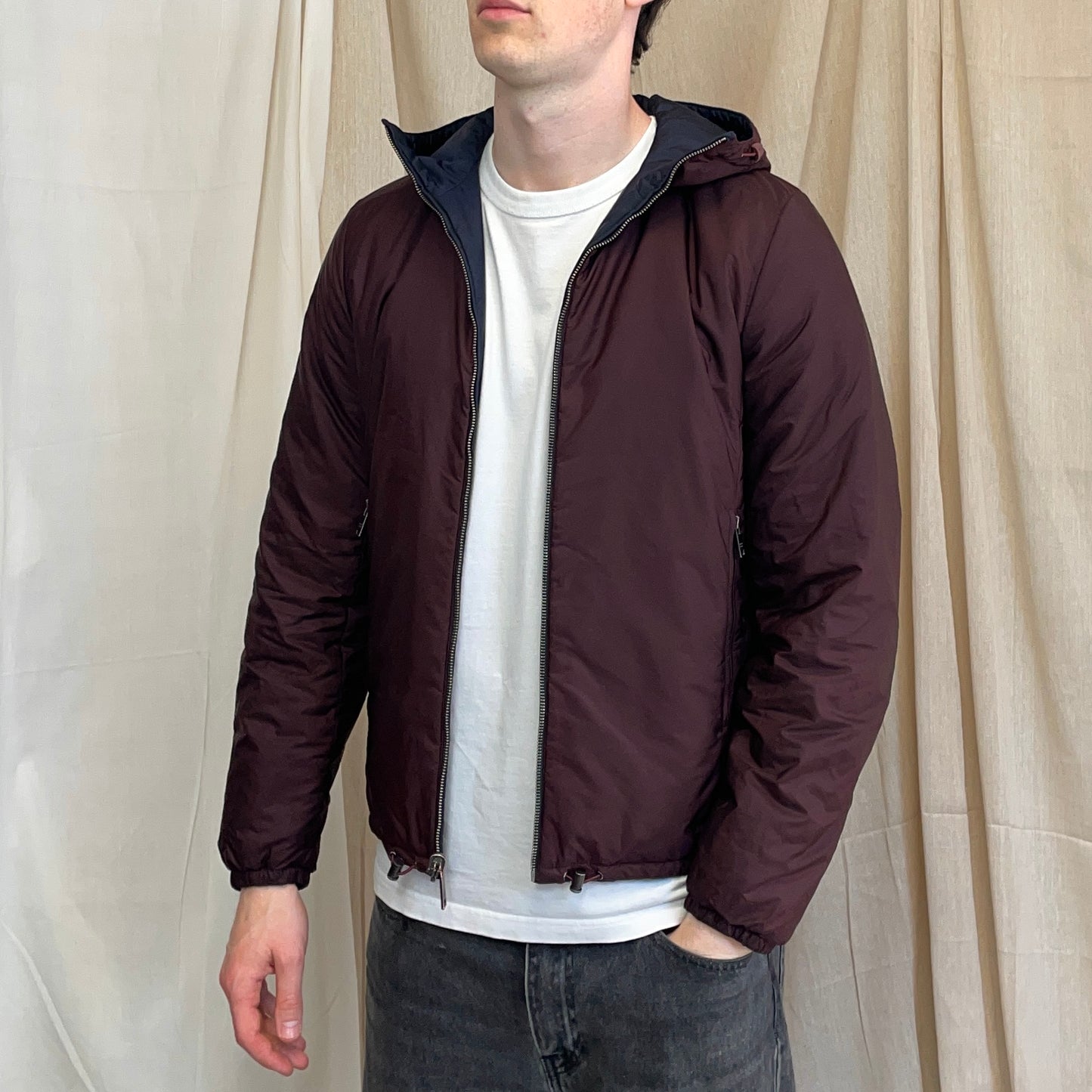 Prada Sport Navy & Burgundy 2018 Nylon Reversible Padded Hooded Jacket