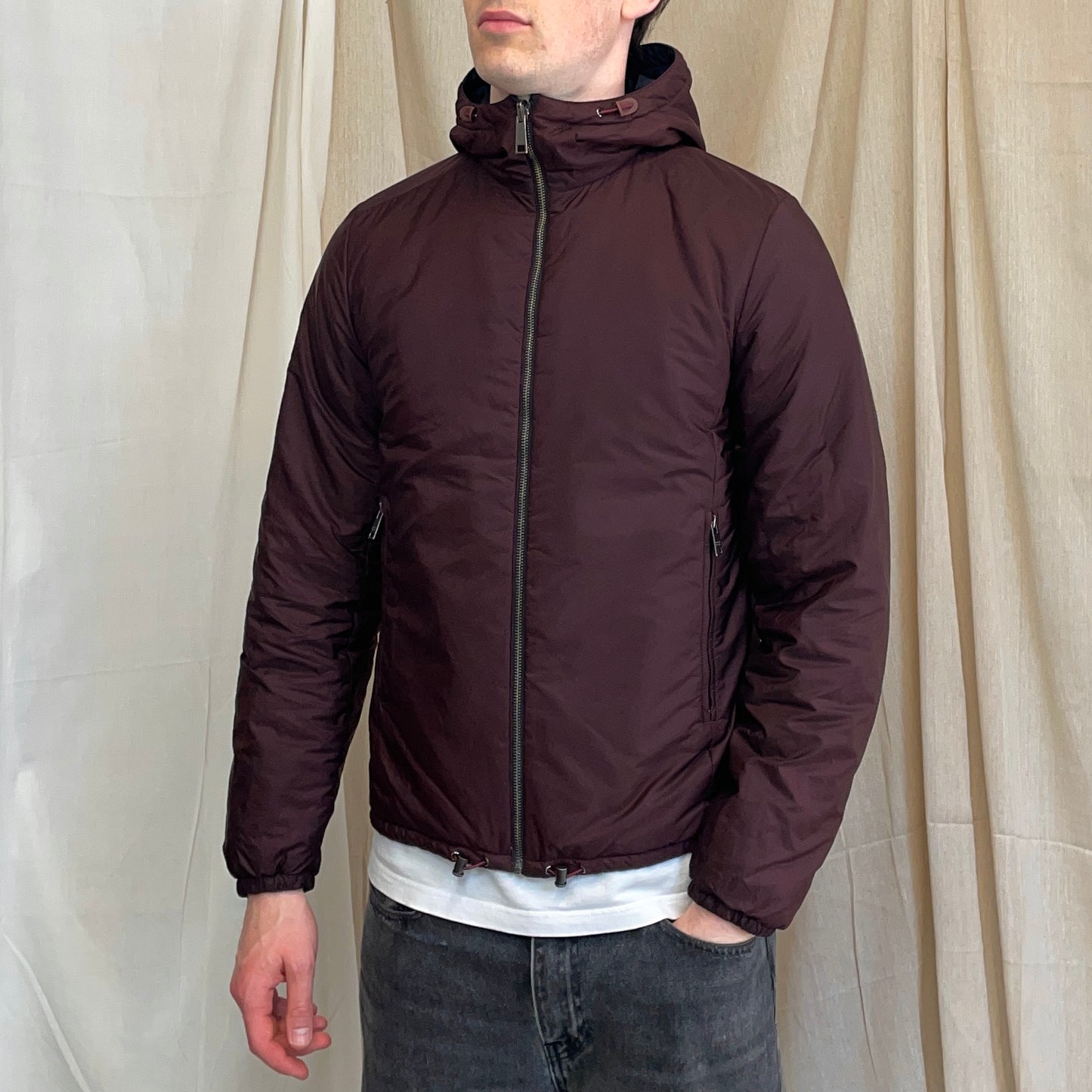 Prada Sport Navy & Burgundy 2018 Nylon Reversible Padded Hooded Jacket