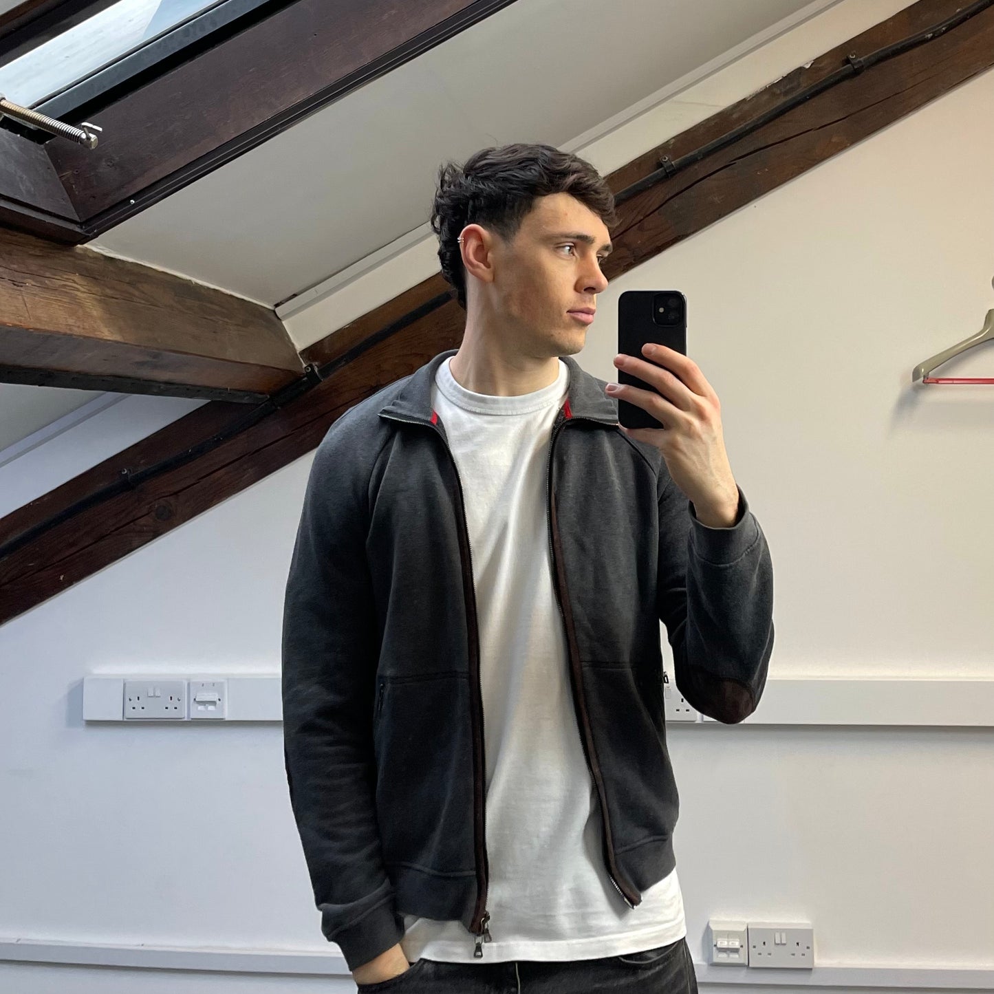 Prada Sport Grey Zip-Through Jumper w/ Suede Patch Detailing