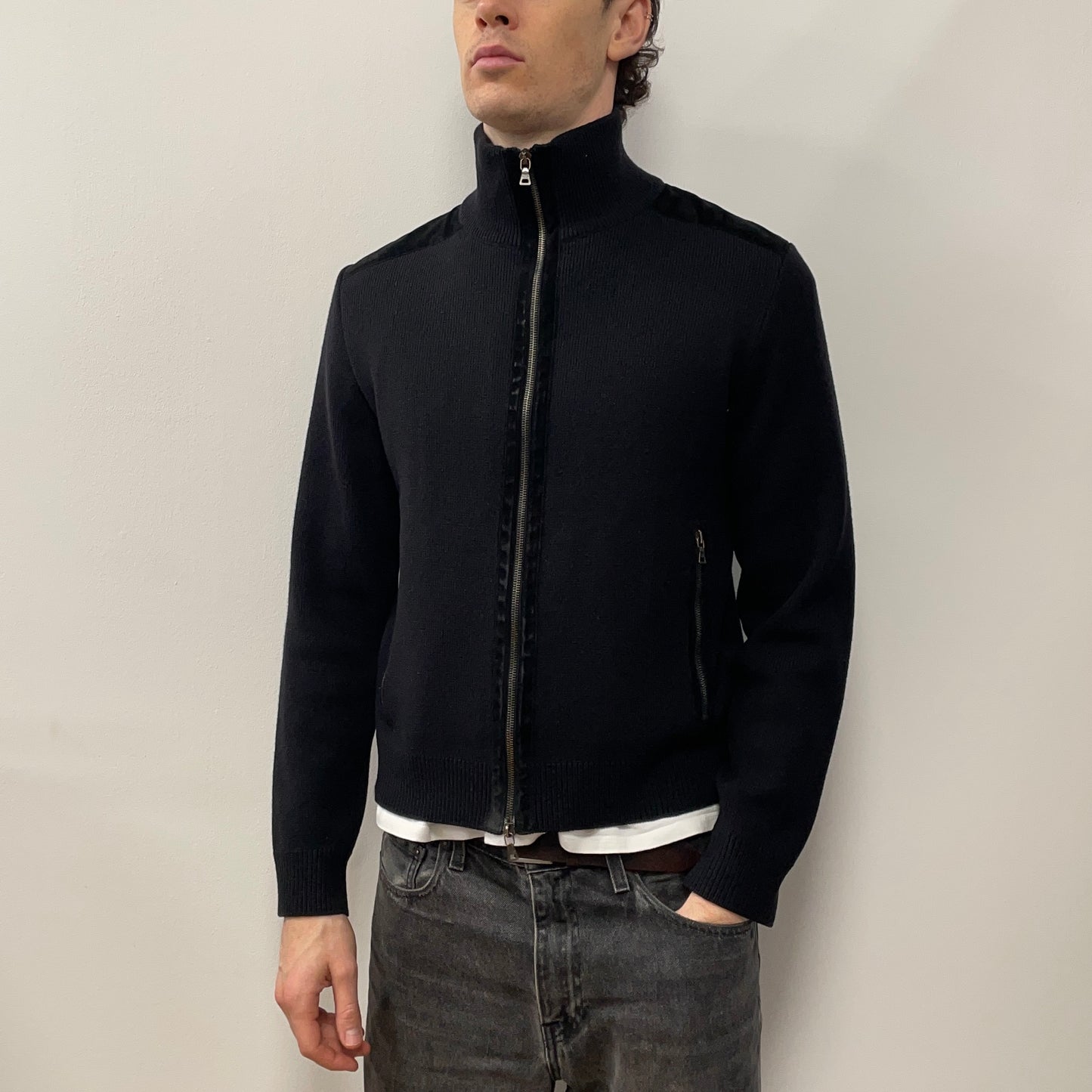 Prada Sport Deep Purple & Black 00s Leather Suede Wool Knit Jacket