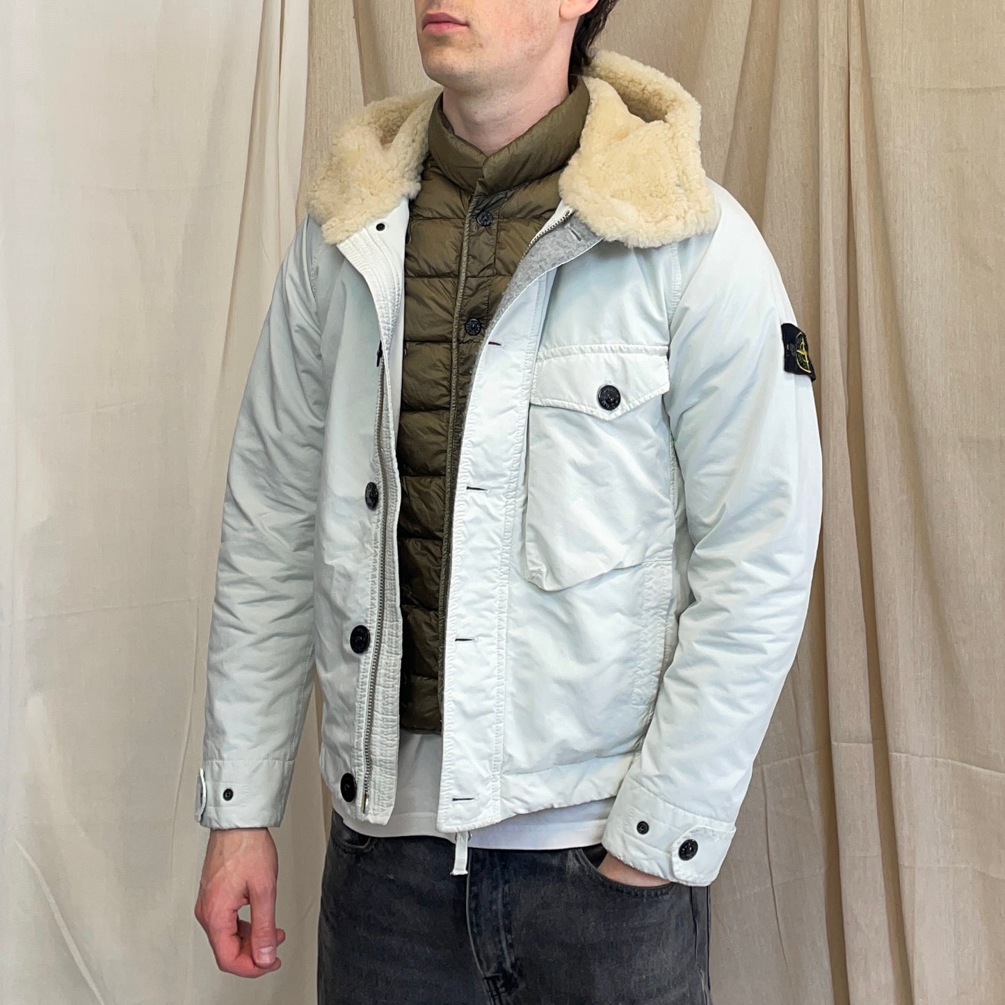 Stone Island White AW17 David-TC Sheep Leather Sheerling Hood Down Puffer Lined Jacket