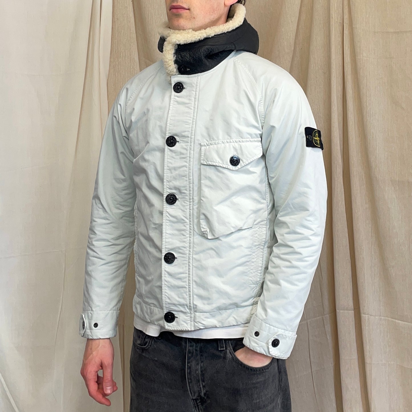 Stone Island White AW17 David-TC Sheep Leather Sheerling Hood Down Puffer Lined Jacket