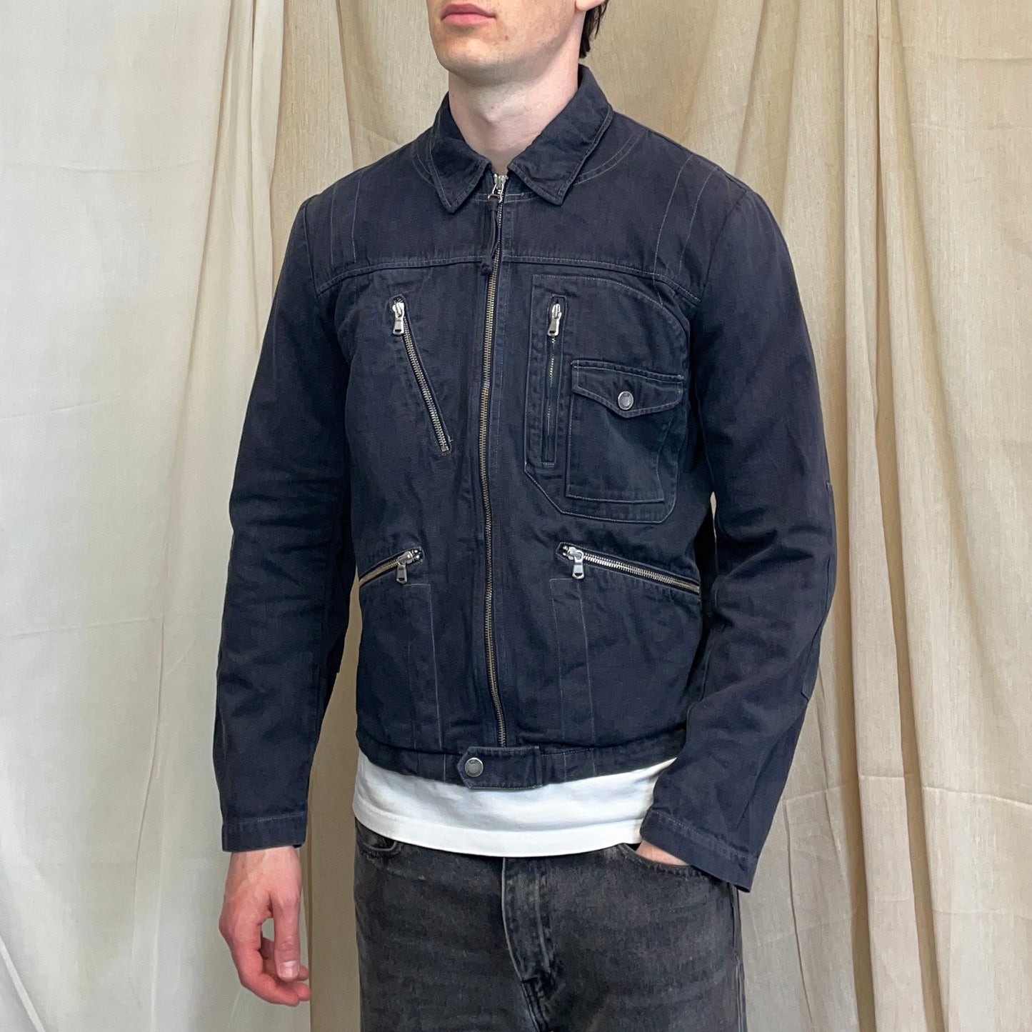 C.P. Company Navy SS06 Denim Contrast Stitch Collared Biker Jacket