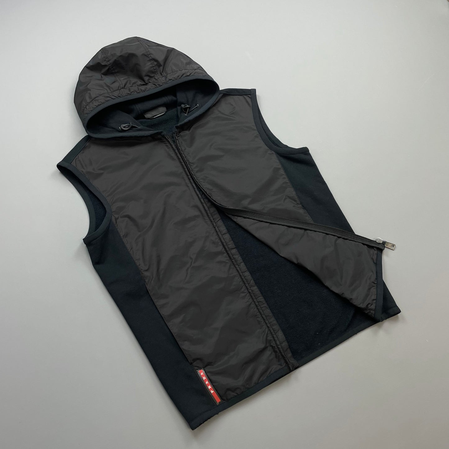 Prada Sport Black 2015 Nylon Panelled Hooded Gilet Vest