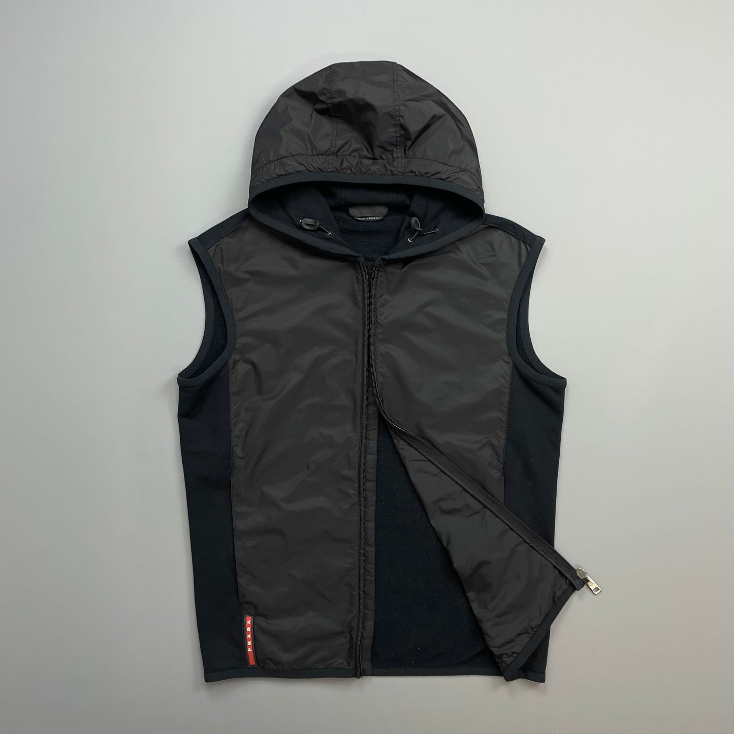 Prada Sport Black 2015 Nylon Panelled Hooded Gilet Vest
