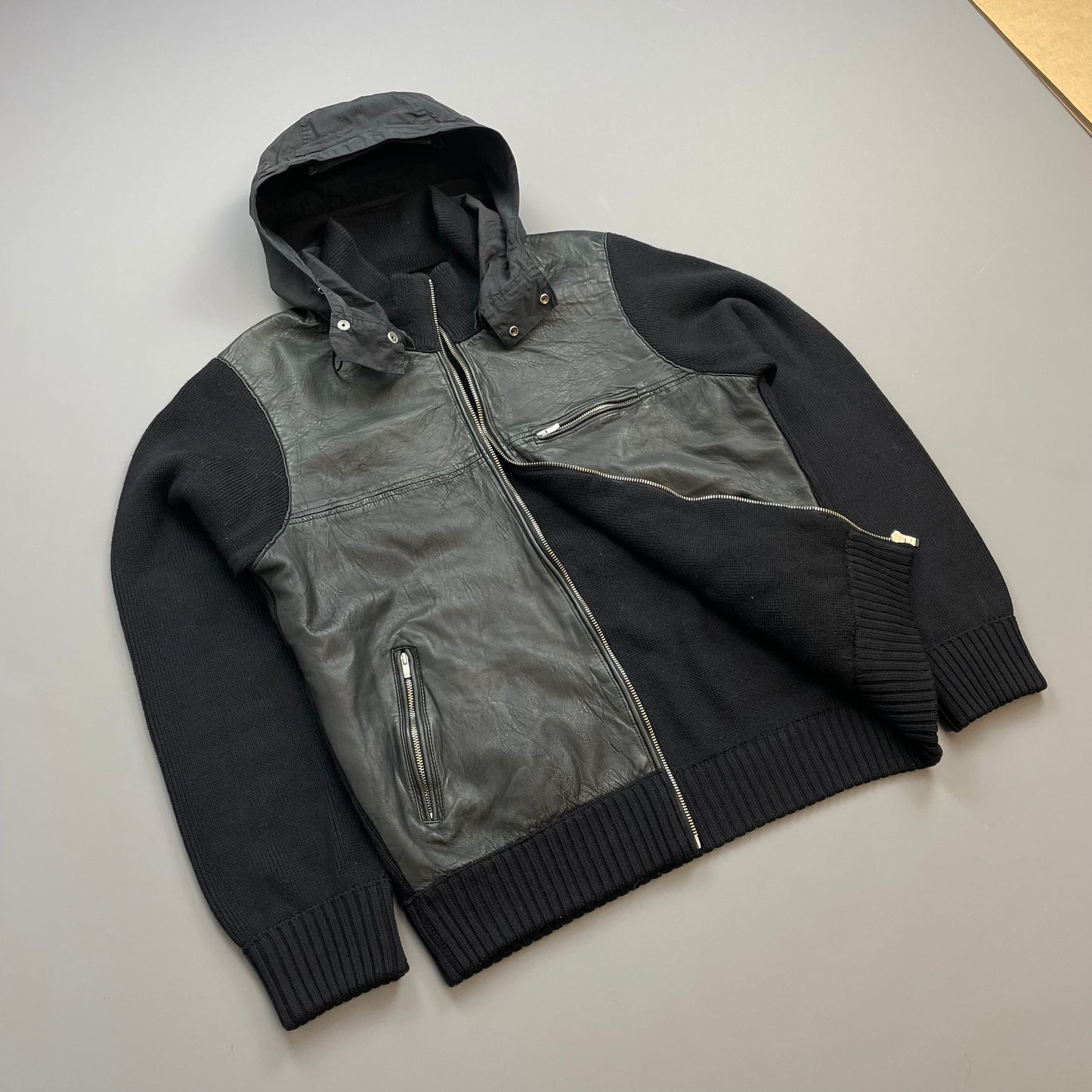 C.P. Company Black AW06 Leather & Wool Hybrid Detachable Hood Jacket