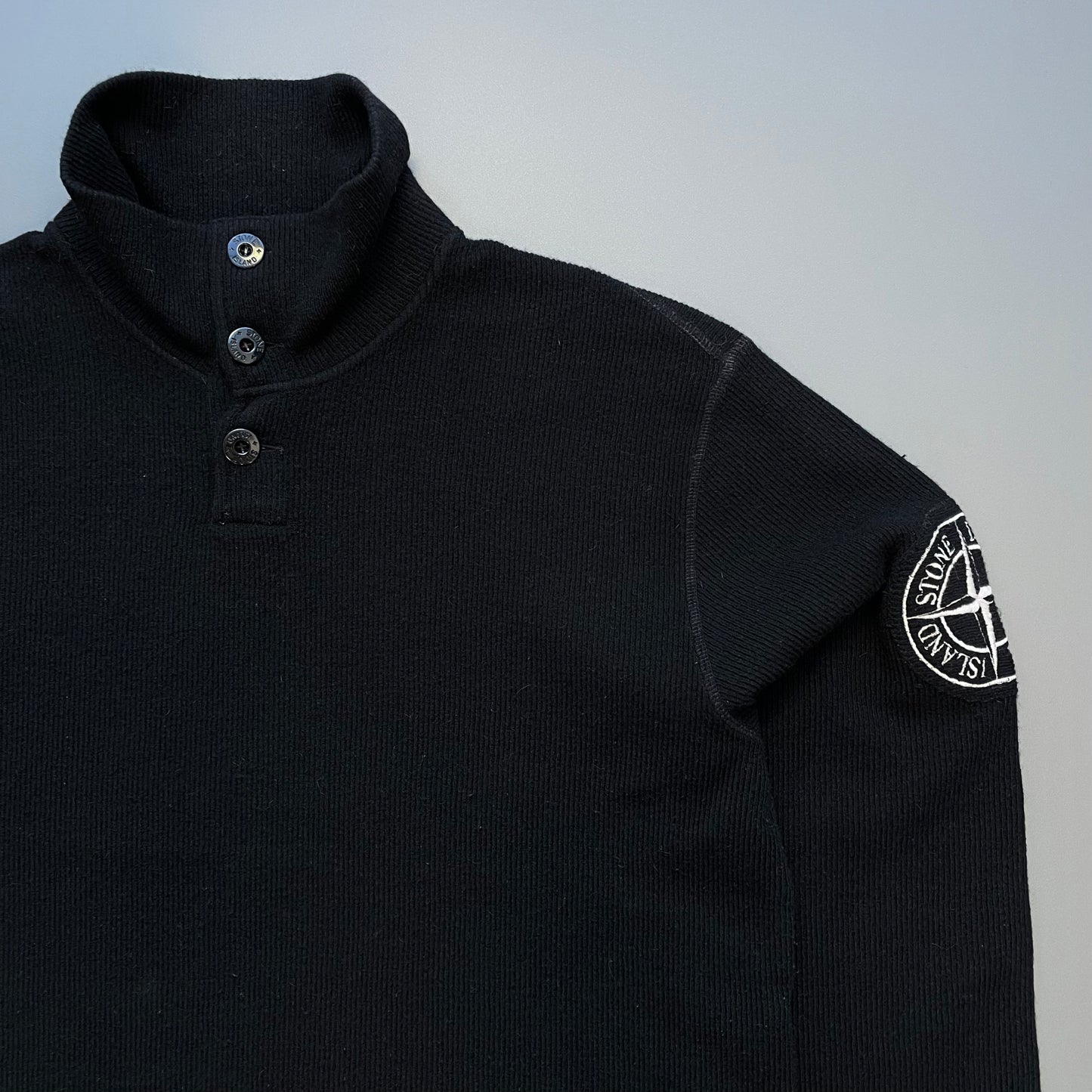 Stone Island Black AW03 Wool Blend Ribbed Knit Collared Jumper