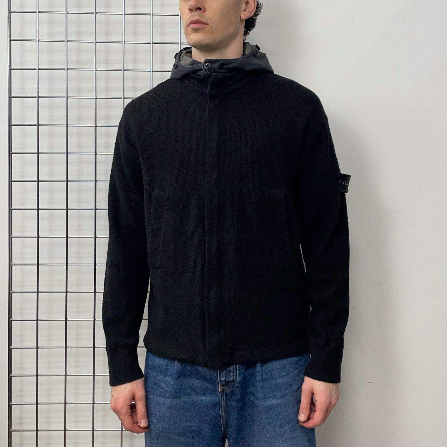 Stone Island Black 00s Hybrid Wool Blend Hooded Jacket