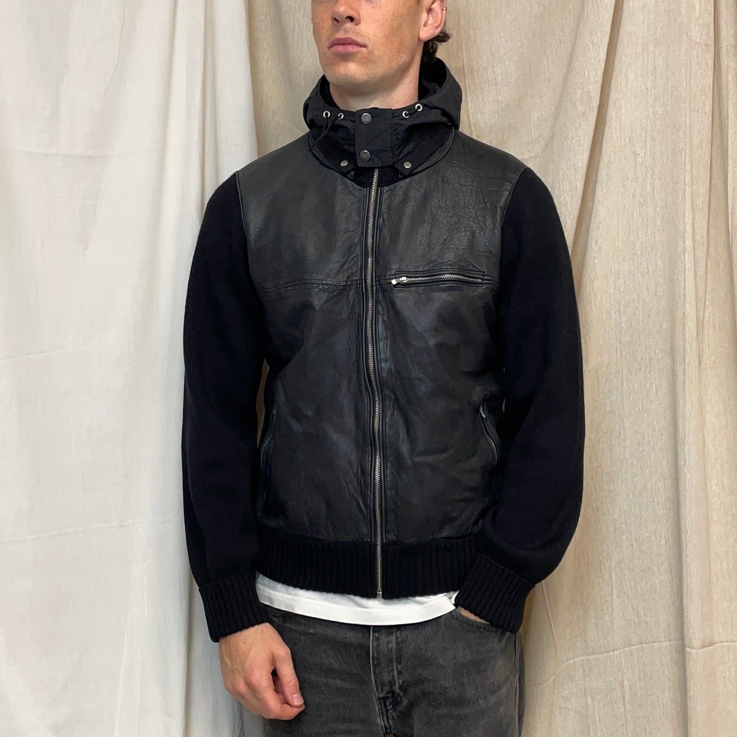 C.P. Company Black AW06 Leather & Wool Hybrid Detachable Hood Jacket