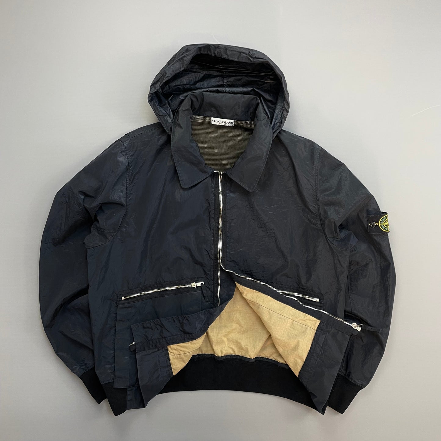 Stone Island Navy SS08 Nylon Metal Archivio Concealed Hood Lightweight Bomber Jacket
