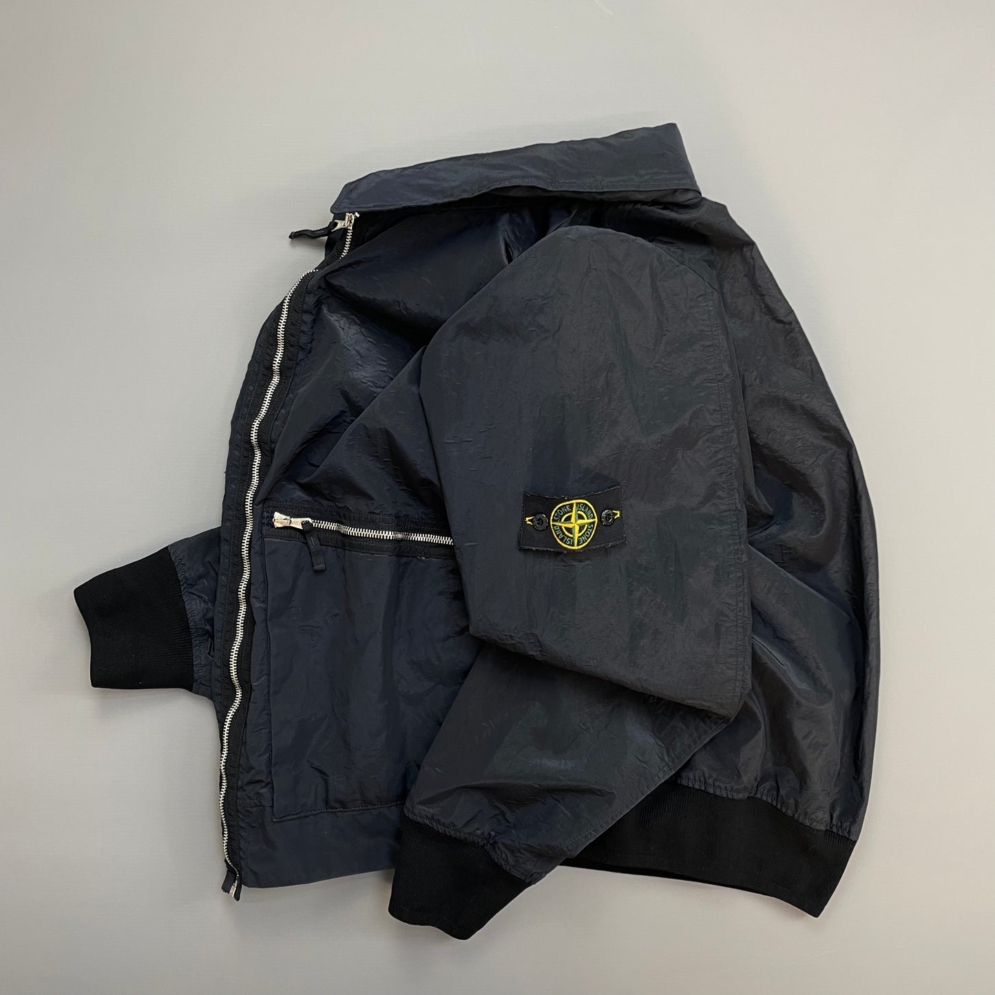 Stone Island Navy SS08 Nylon Metal Archivio Concealed Hood Lightweight Bomber Jacket