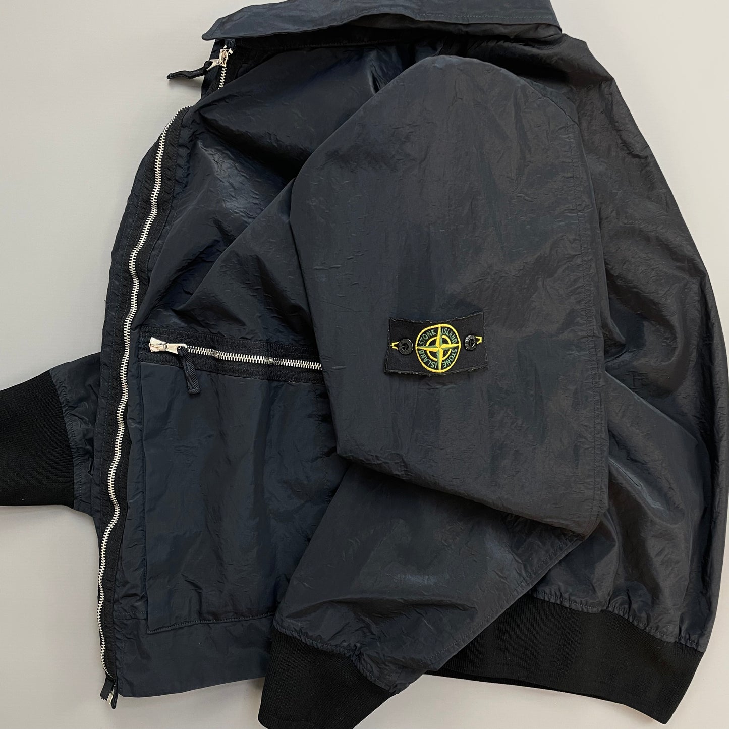 Stone Island Navy SS08 Nylon Metal Archivio Concealed Hood Lightweight Bomber Jacket